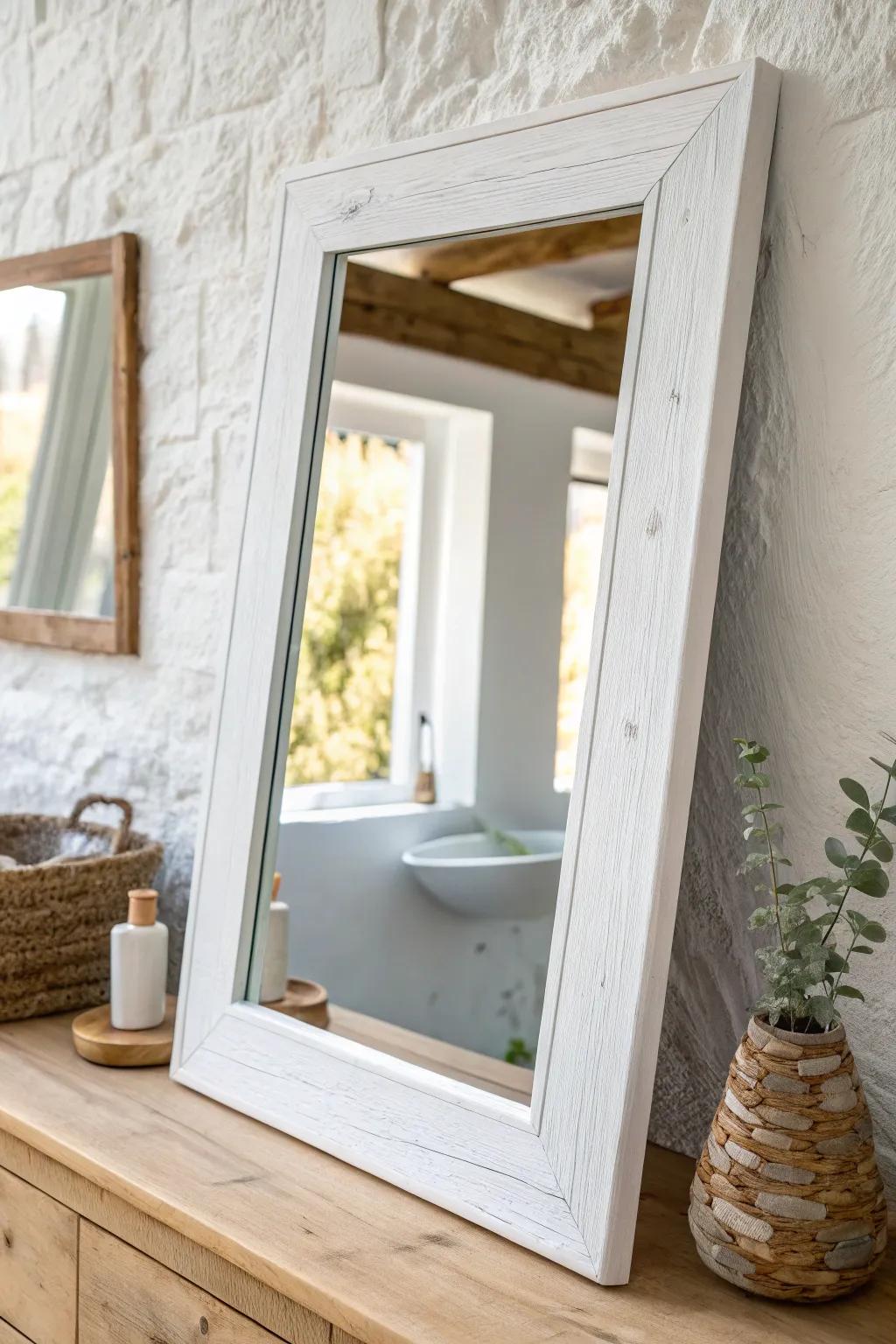 Bright white painted wood frame—clean lines that make small bathrooms feel bigger.