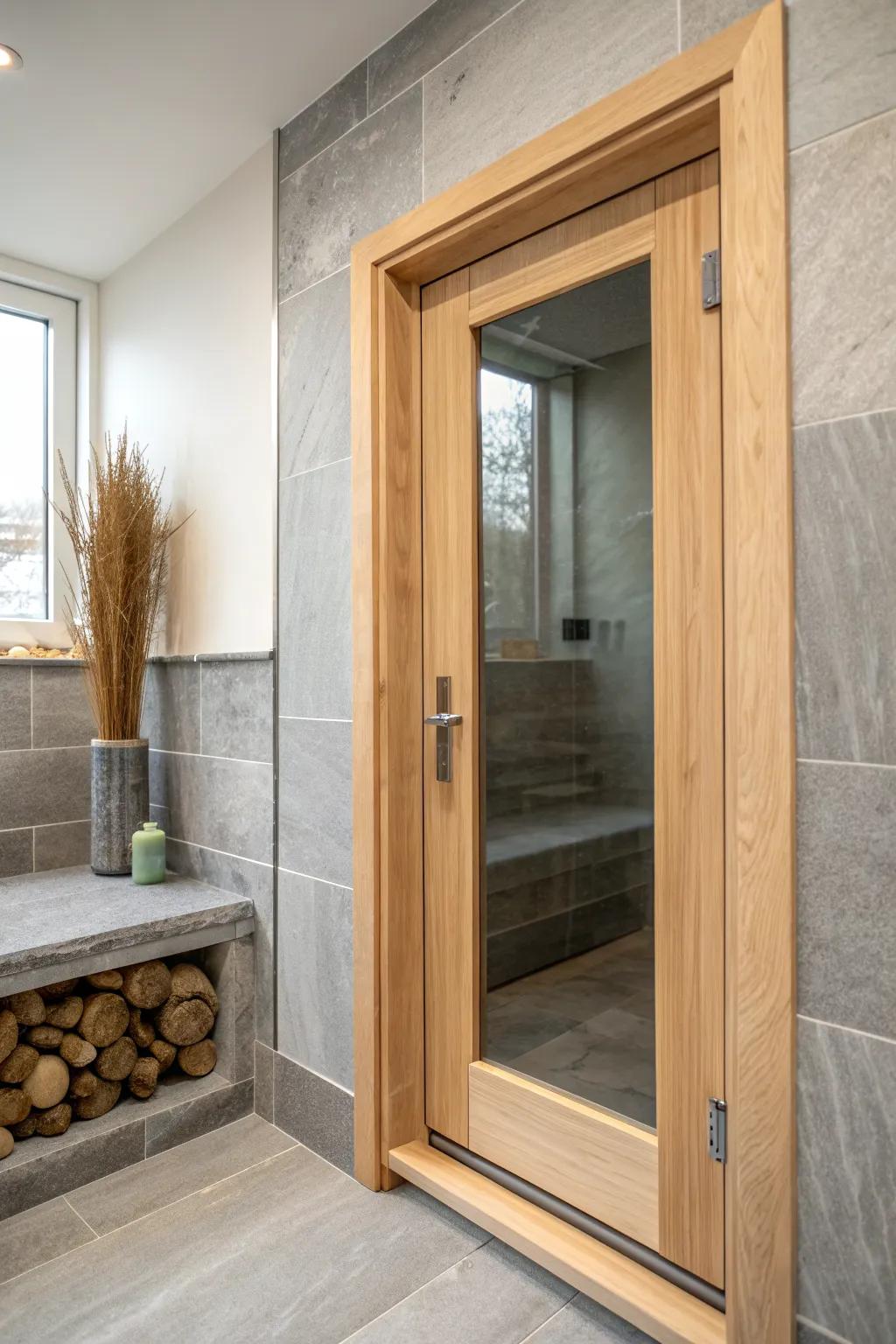 Blonde sauna wood meets cool gray stone—clean, cozy contrast with a refined crafted finish.