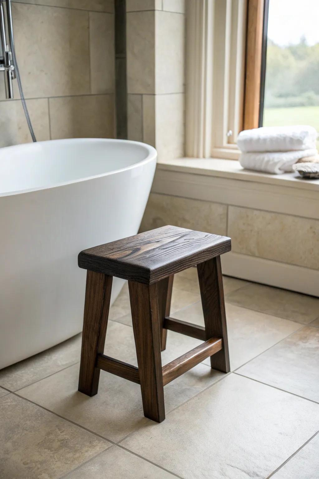 Ebonized wood stool against white tile—minimal, moody contrast that elevates any bathroom.