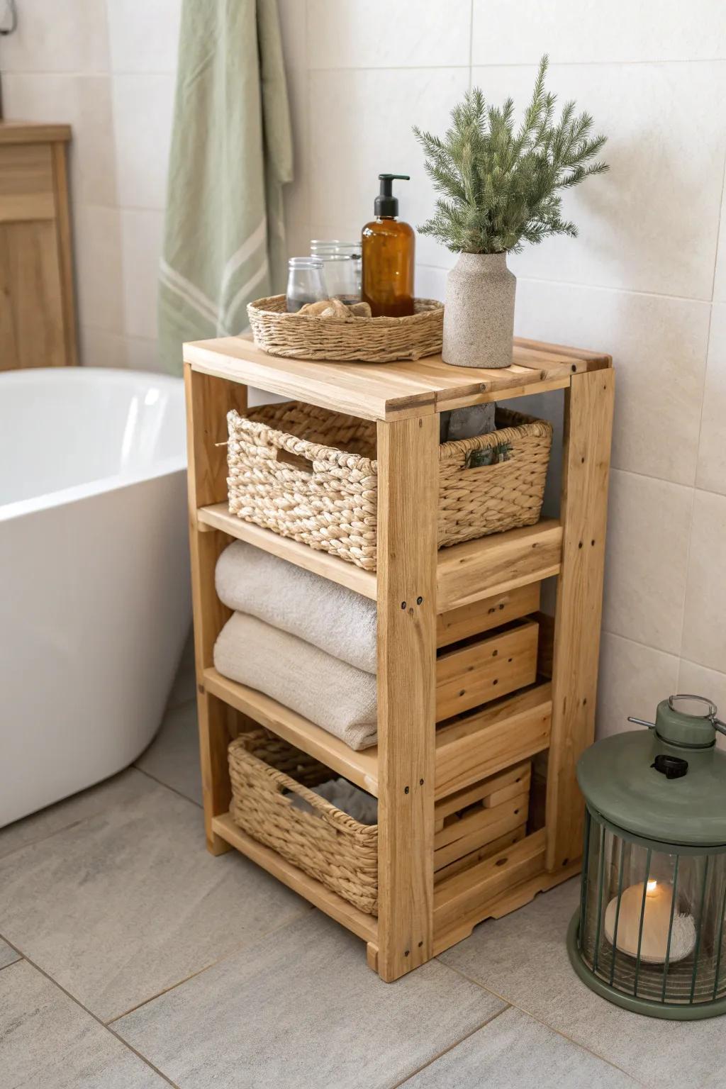 Stacked wood crates + woven baskets = a chic, cubby-style bathroom table in minutes.