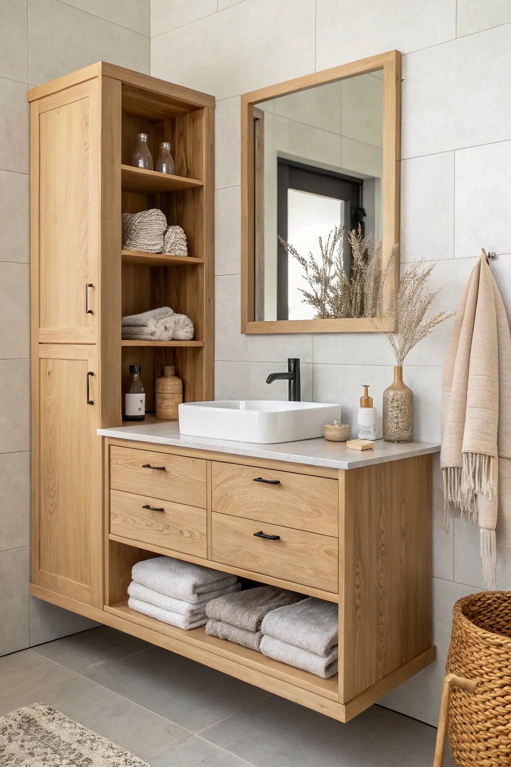 Flush recessed upper cabinet between studs—built-in storage that keeps narrow baths airy.