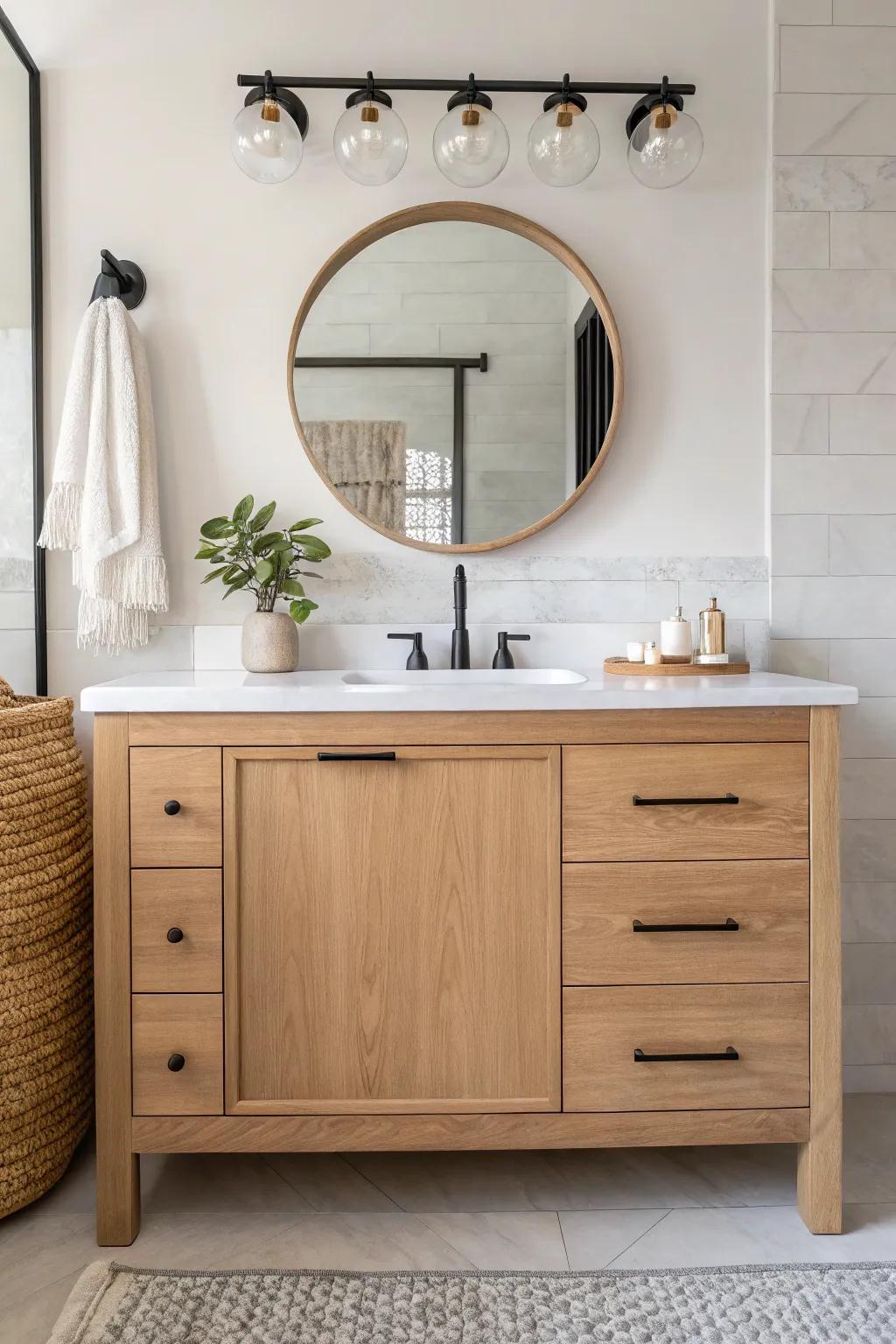 Globe vanity lights + pale oak cabinets: a fresh, modern upgrade with warm, relaxing glow.