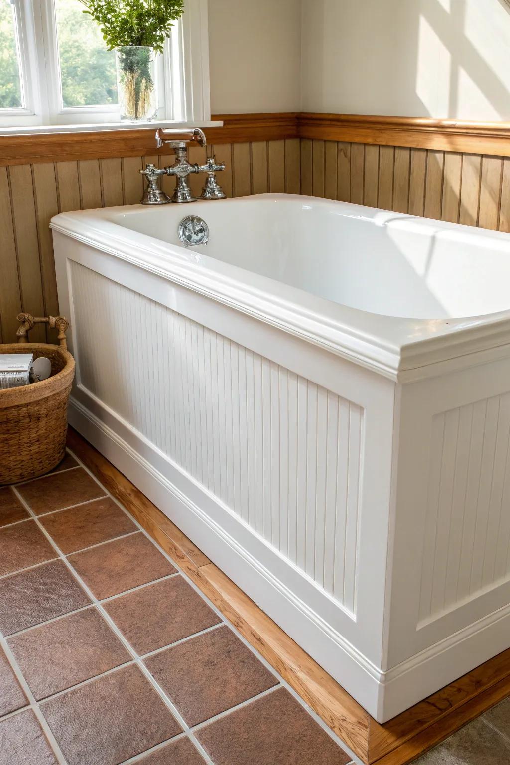 Beadboard tub skirt + slim bottom floor trim—an easy detail that makes it look truly built-in.
