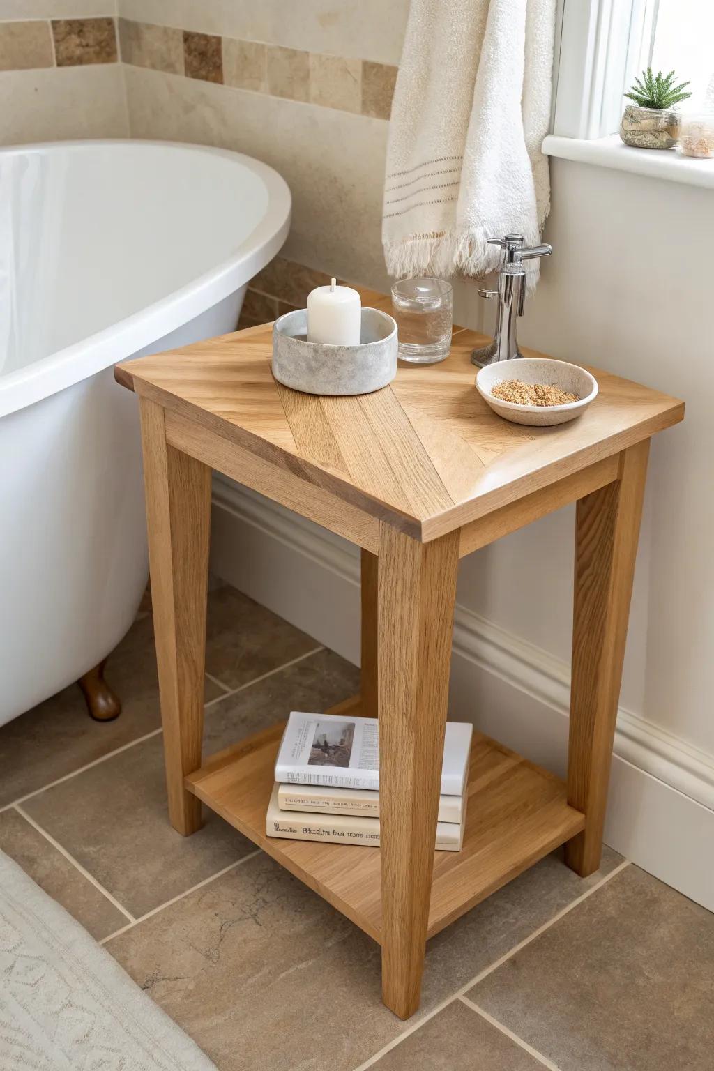 Slim corner tub table: oak craftsmanship that fits candles, a book, and jewelry in tight baths.