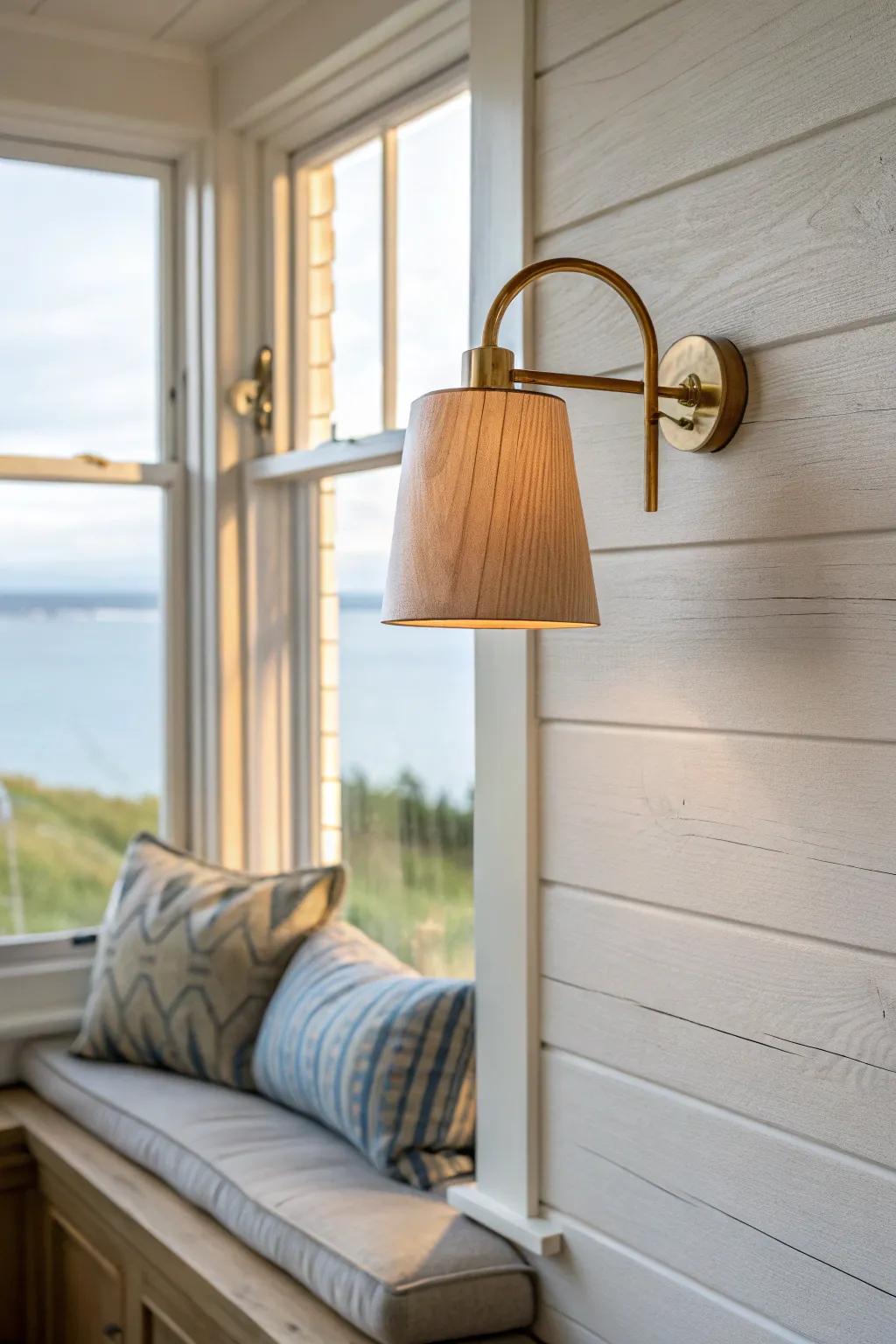 Warm brass-and-oak sconce light that makes your bay window reading nook glow at night.