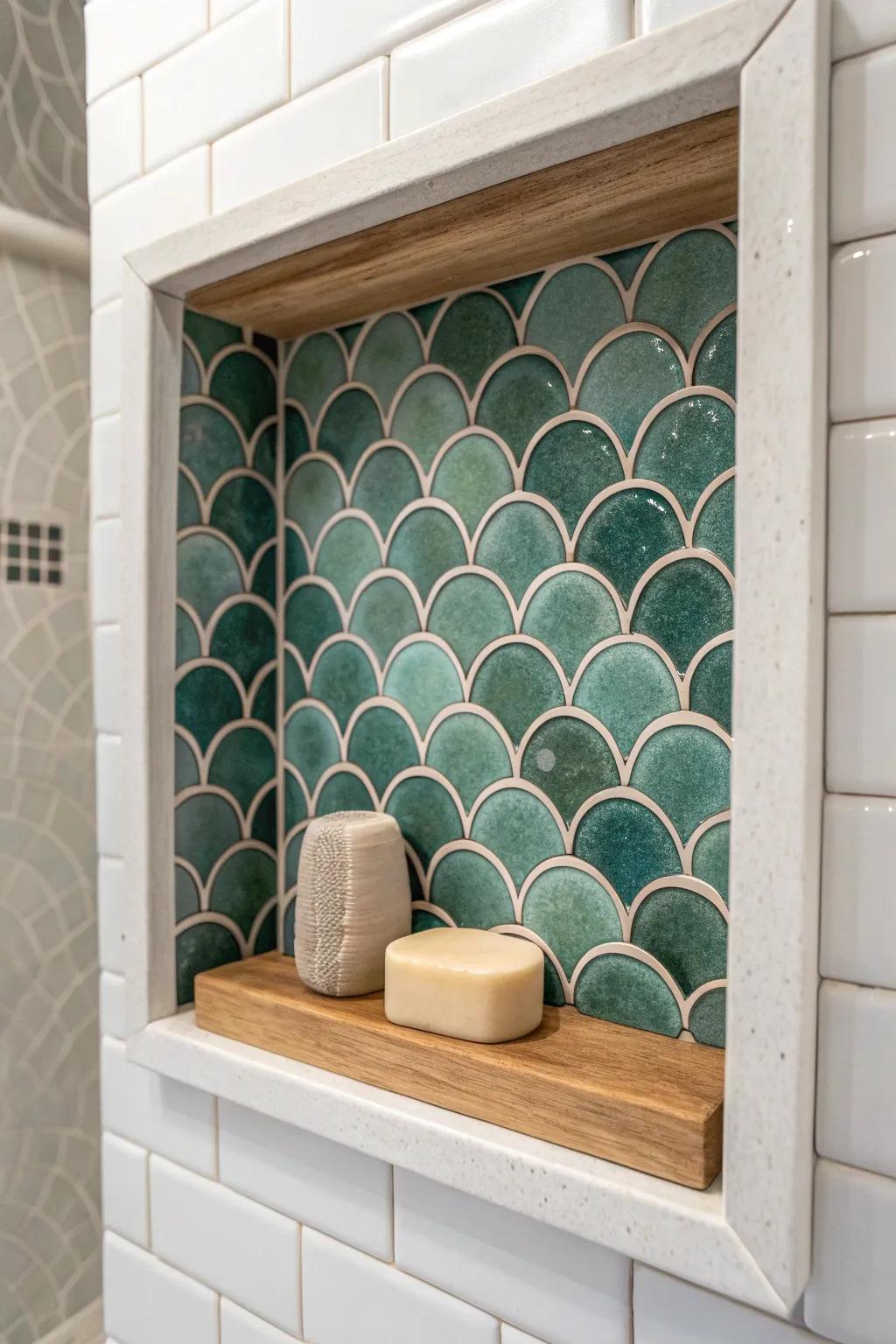 Sea-glass fish-scale niche with a warm oak ledge—calm beach-cottage luxury in the shower.