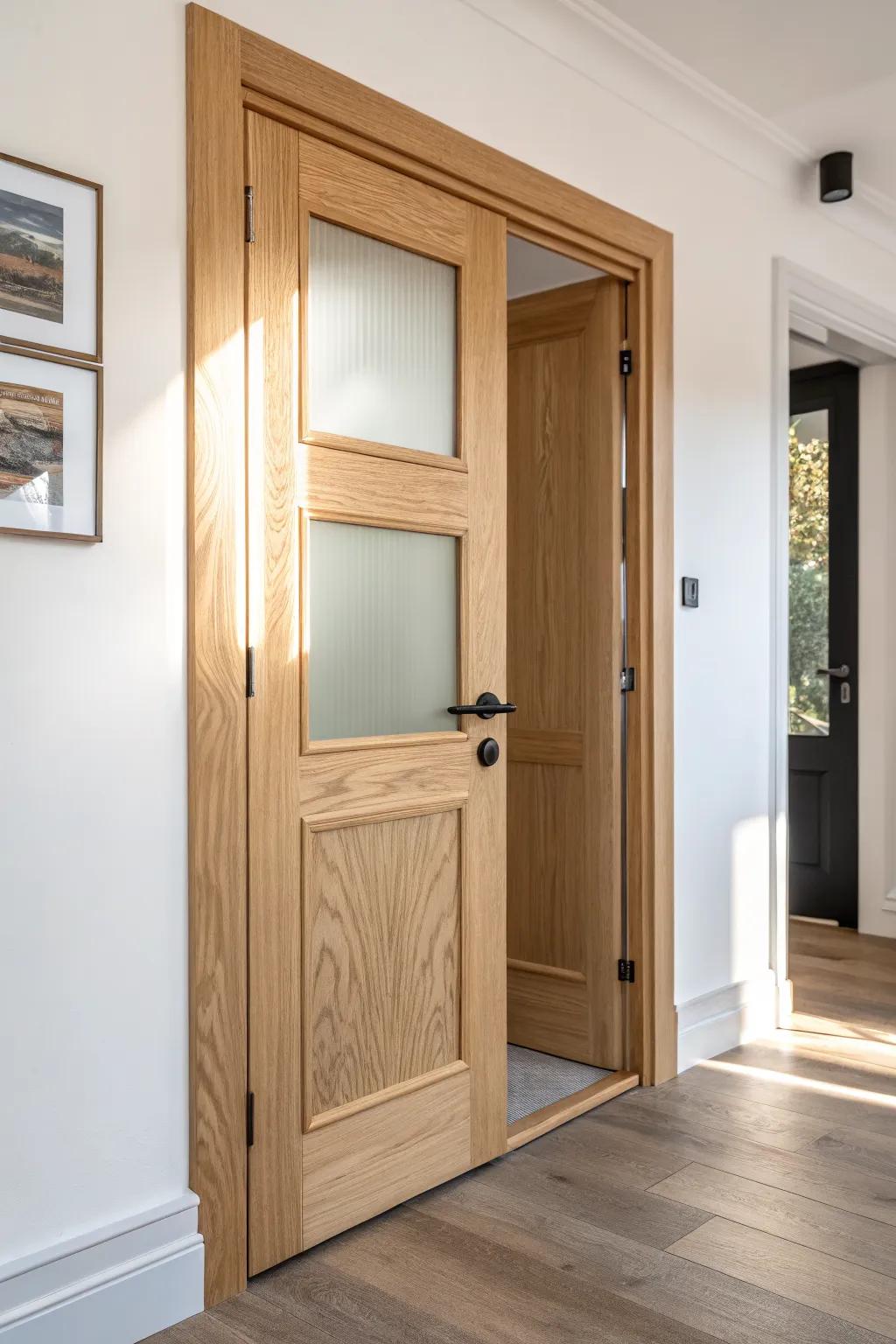 Half‑lite frosted glass oak door—bright office feel with privacy and bold contrast.