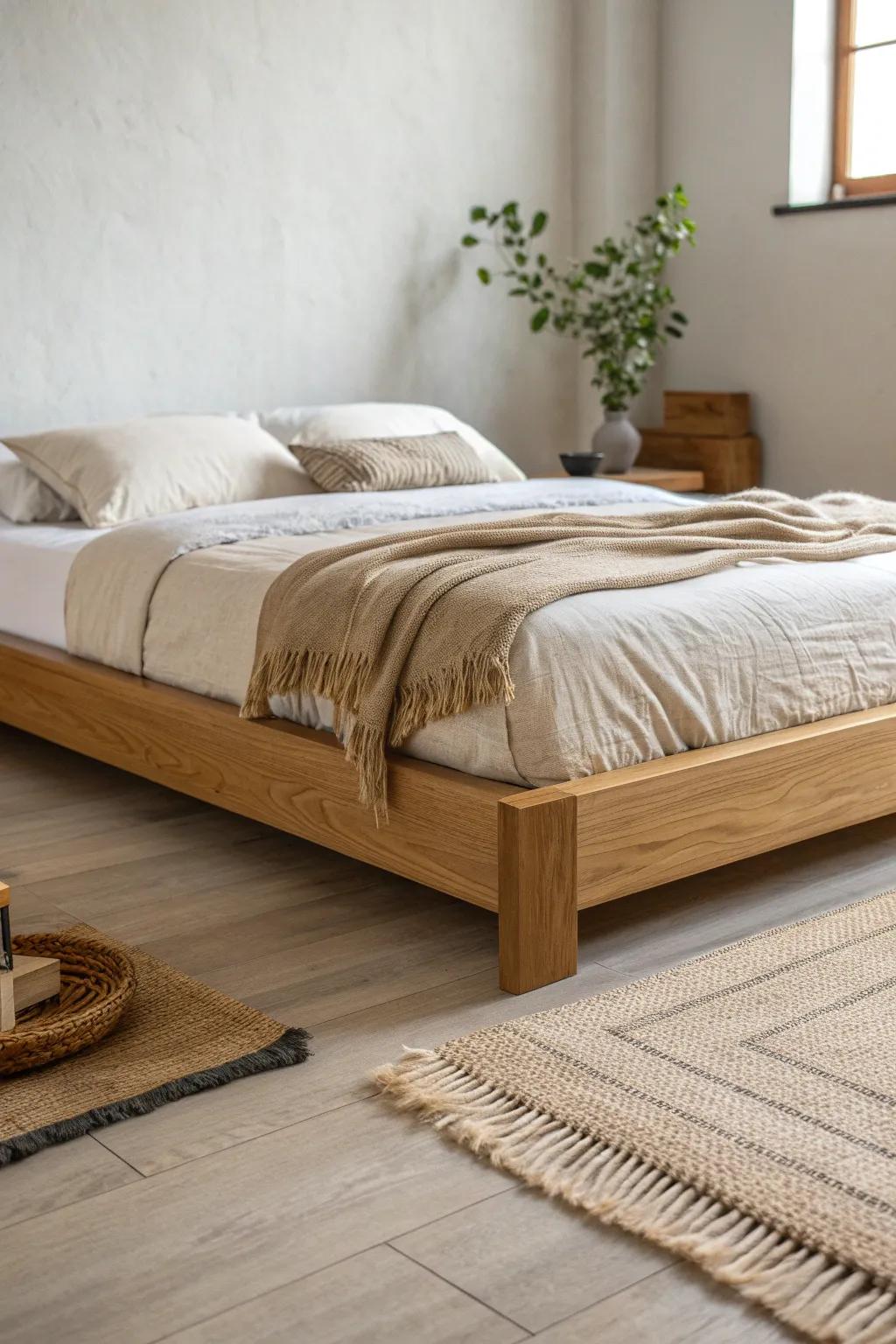 Serene low platform bed in warm oak—Japanese-inspired minimalism with a bold terracotta accent.