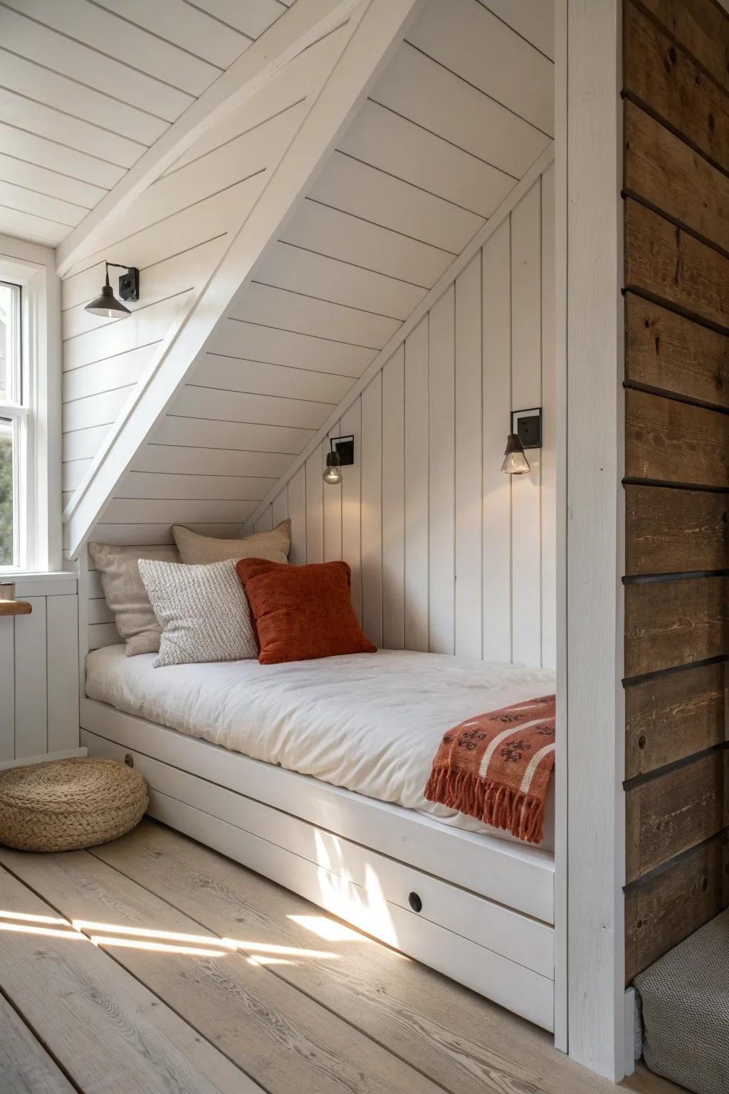 Shiplap-lined under-stairs cocoon bed—cabin-bunk vibes with clean Scandinavian contrast.
