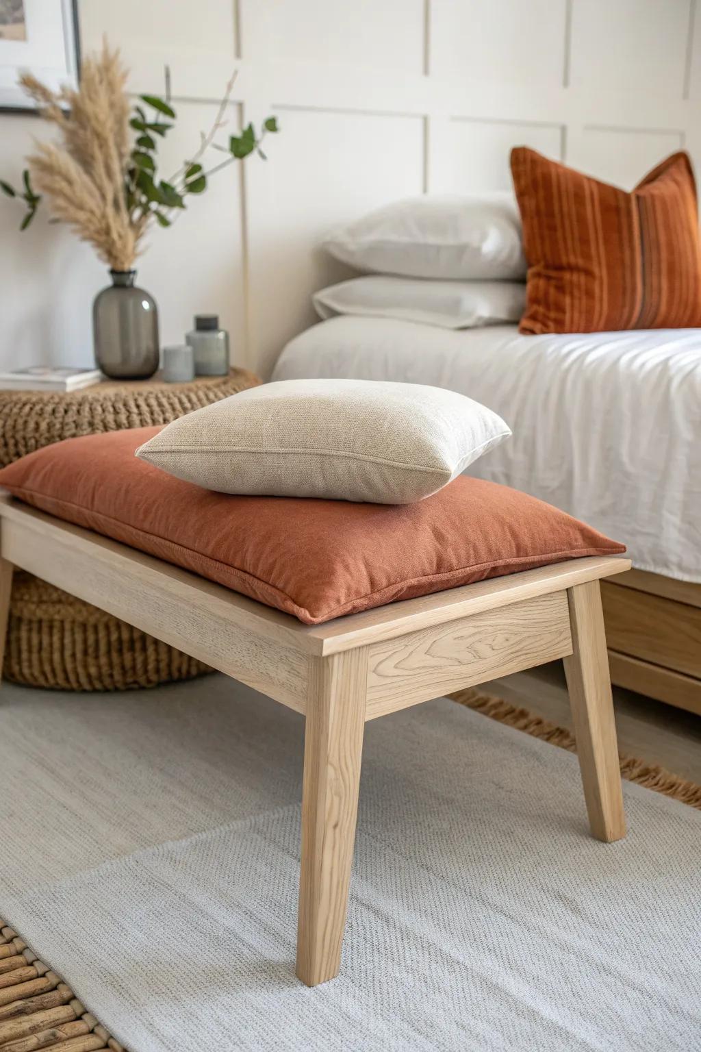 Two-pillows max: one smooth linen + one nubby texture for a bench style you’ll actually use.