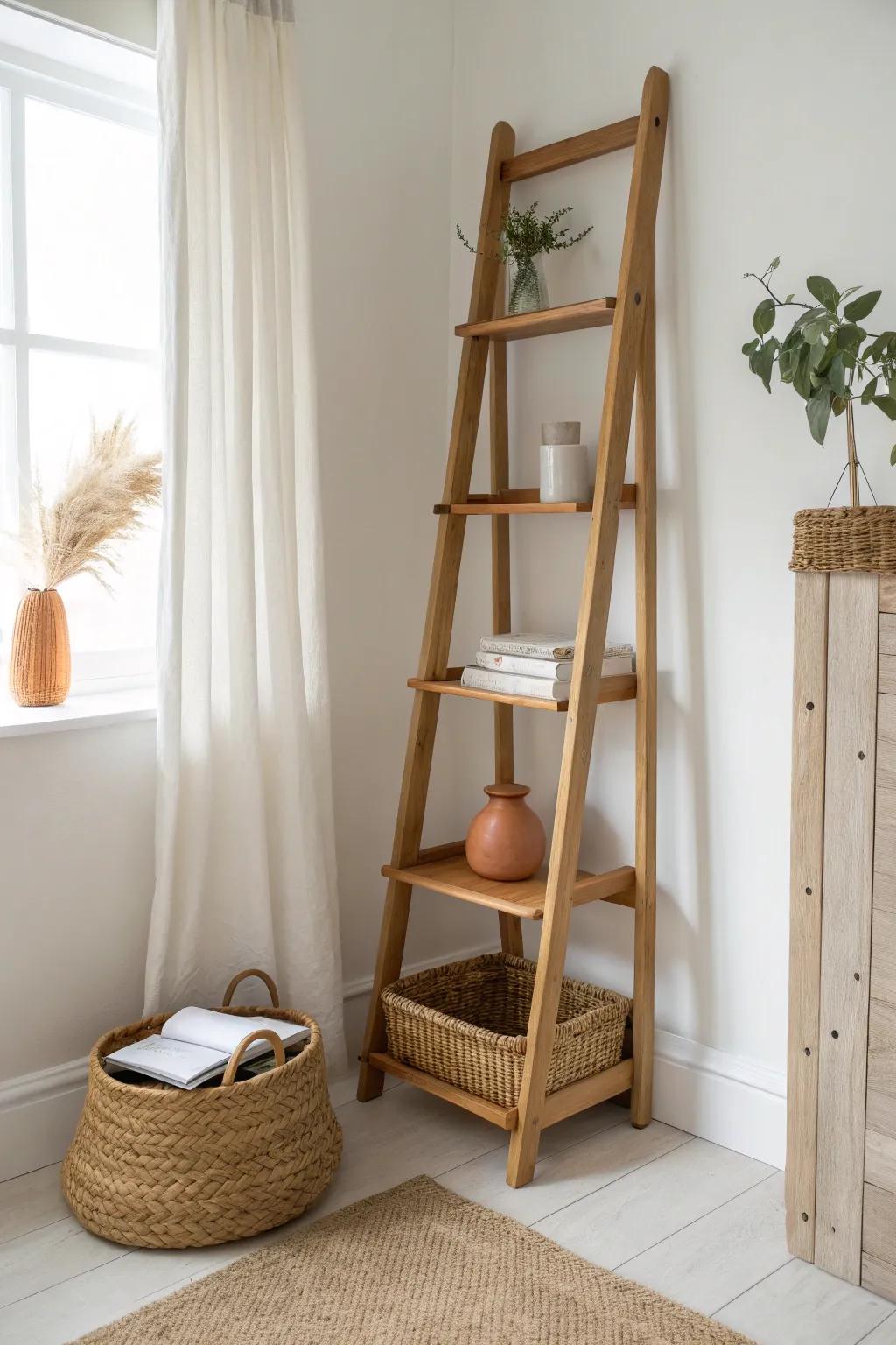 Airy oak corner ladder shelf—easy leaning storage with warm wood and calm boho detail.