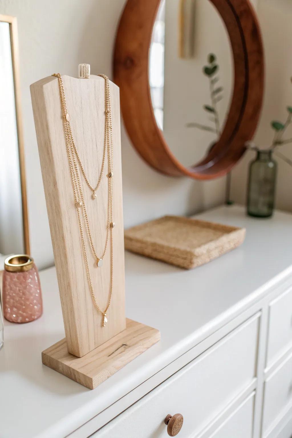 Go vertical with a wooden necklace stand—tangle-free chains and a calm, curated dresser top.