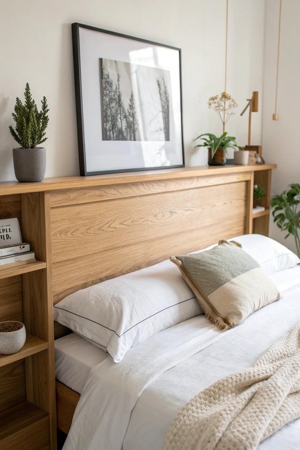 Minimal oak picture-ledge headboard—swap art anytime while keeping the look calm and uncluttered.