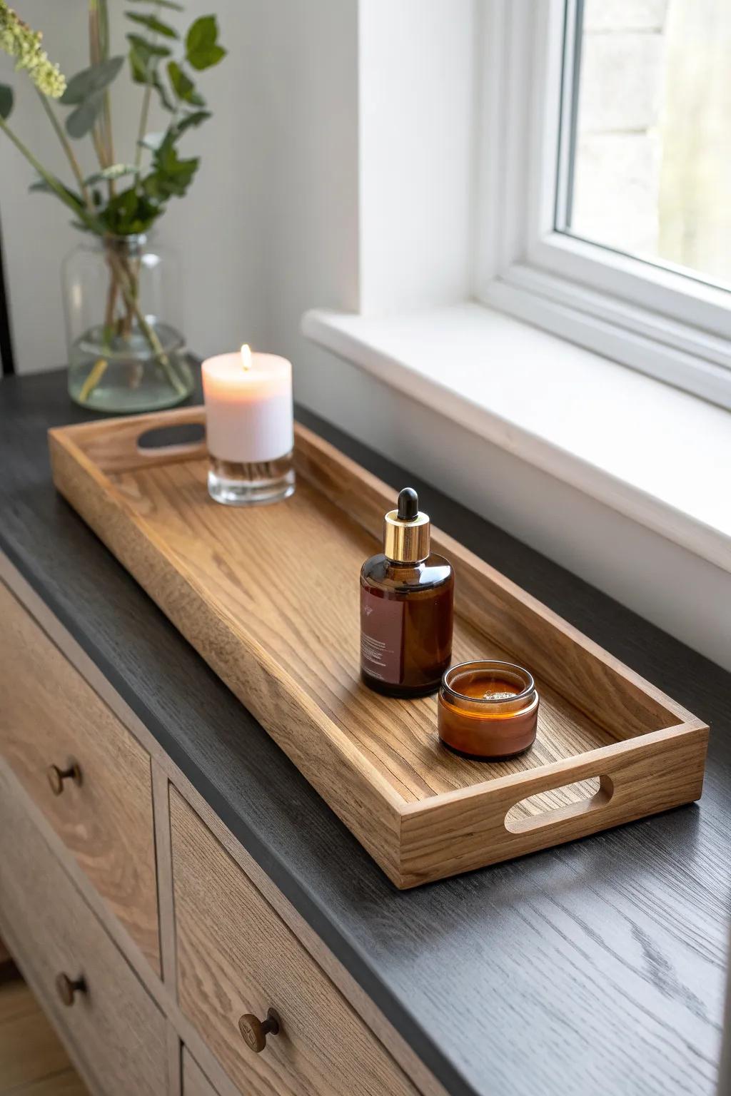 A single long tray turns bedside clutter—jewelry, lotion, candle—into calm order.