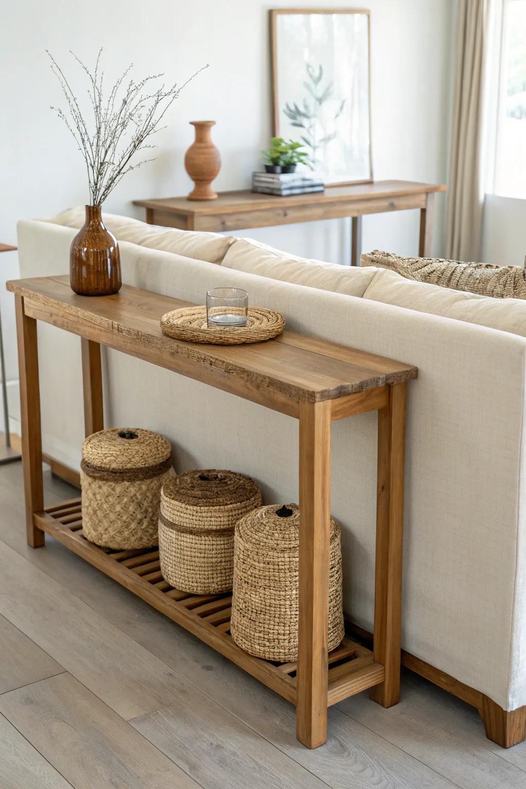 Space-saving behind-couch table with two stools tucked under—extra seating in seconds.