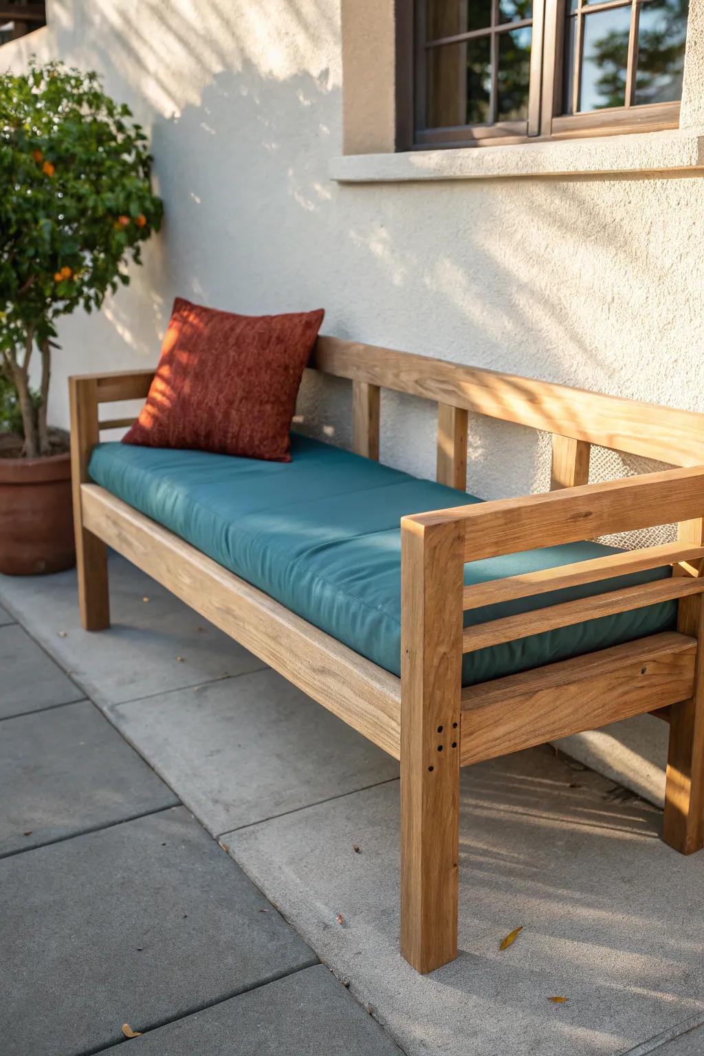L-shaped patio lounge bench: minimalist wood craftsmanship with bold cushions for cozy hangouts.