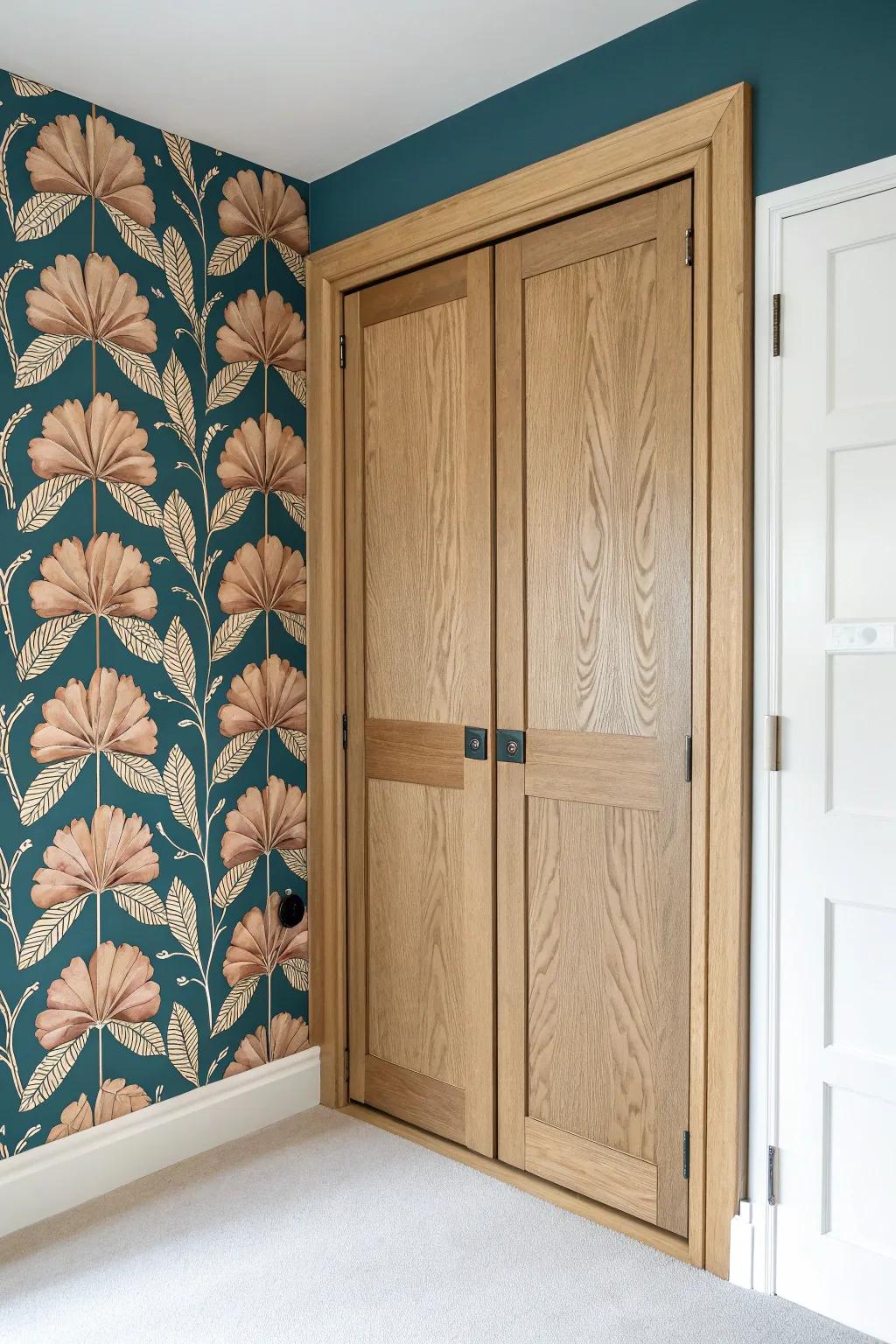 Wallpapered bifold panels: a renter-friendly statement that looks custom in minutes.