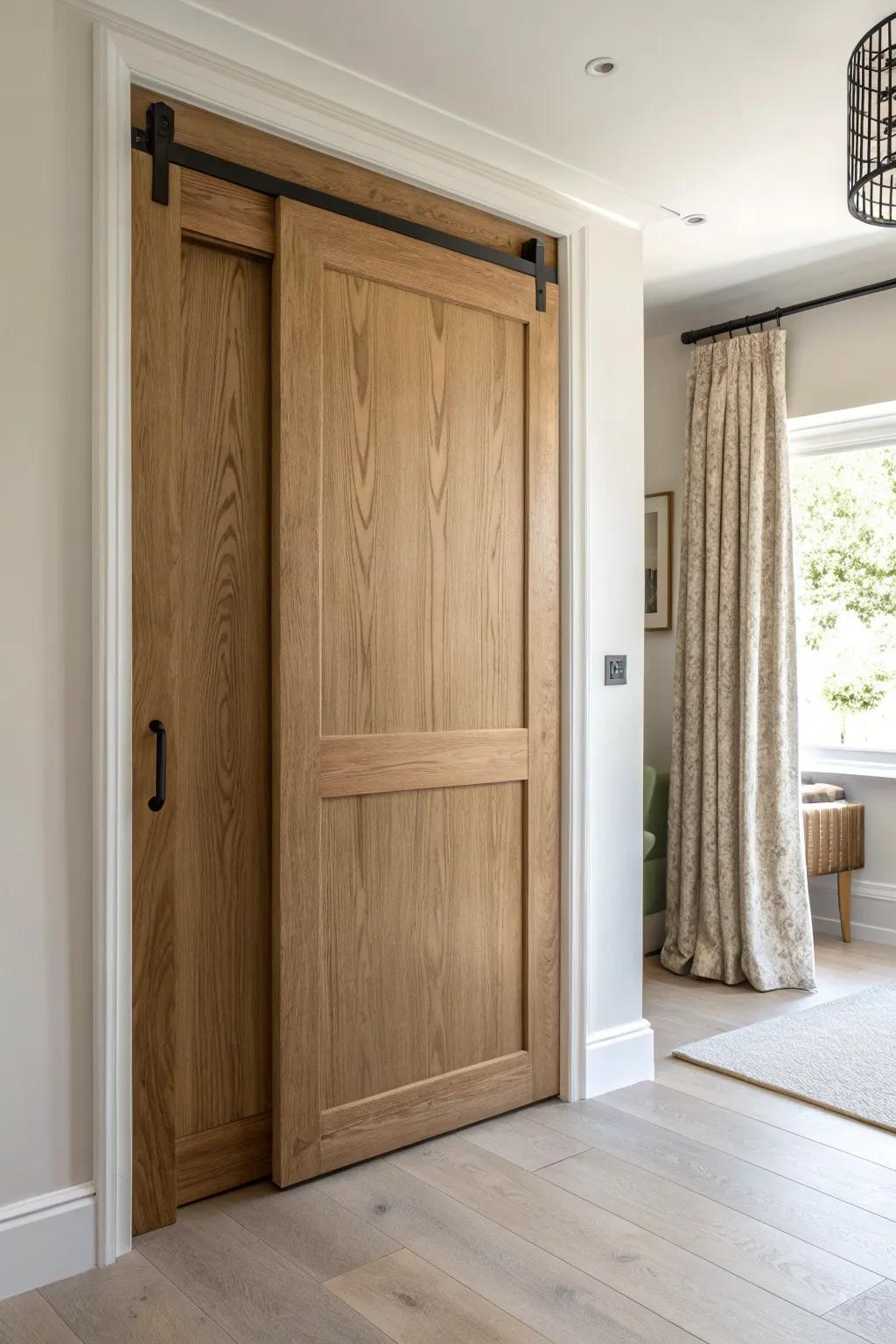 A wide oak pocket door that disappears into the wall—clean, quiet separation when you need it.