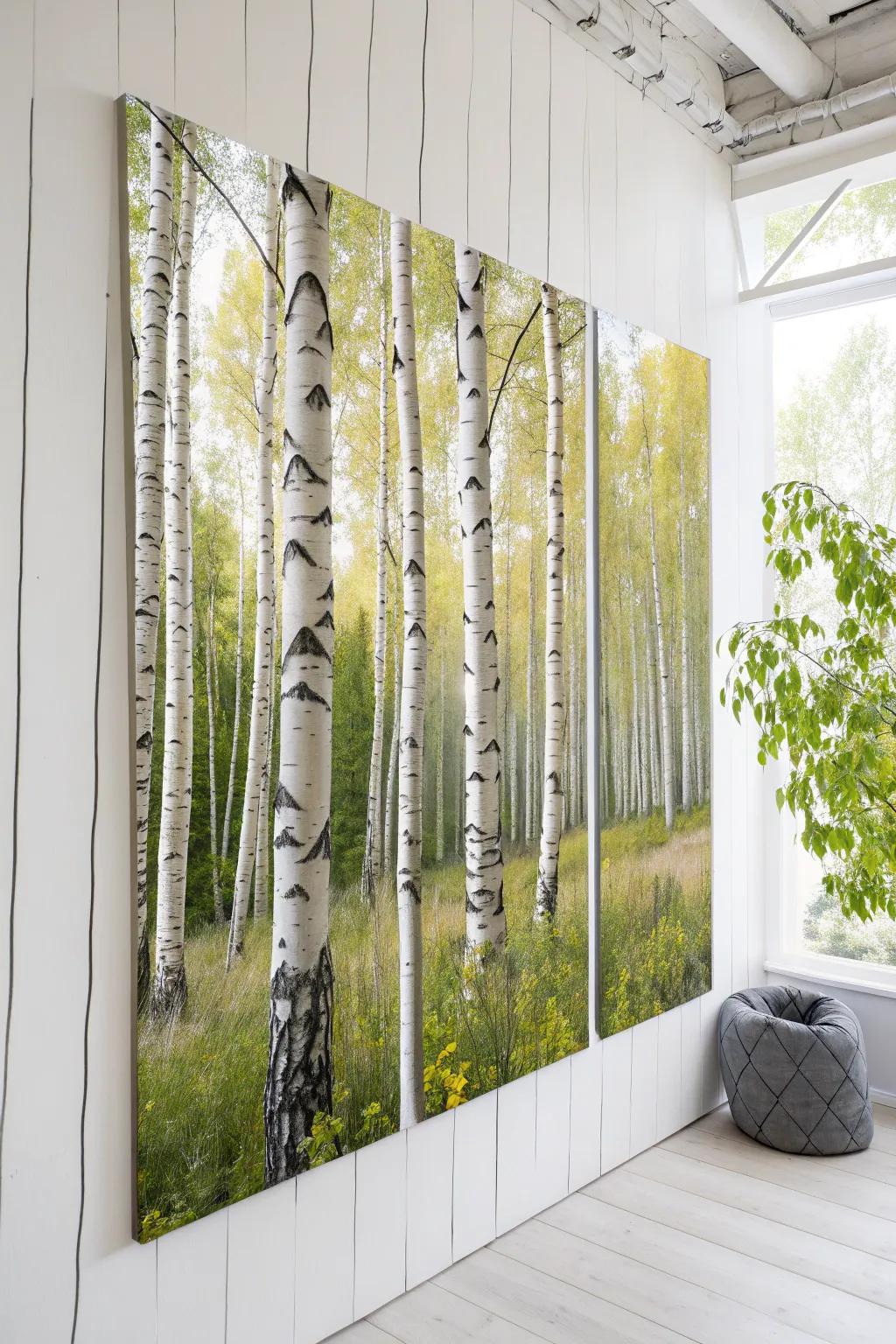 Transform your space with a stunning multi-canvas birch forest panorama, where minimalism meets bold elegance.