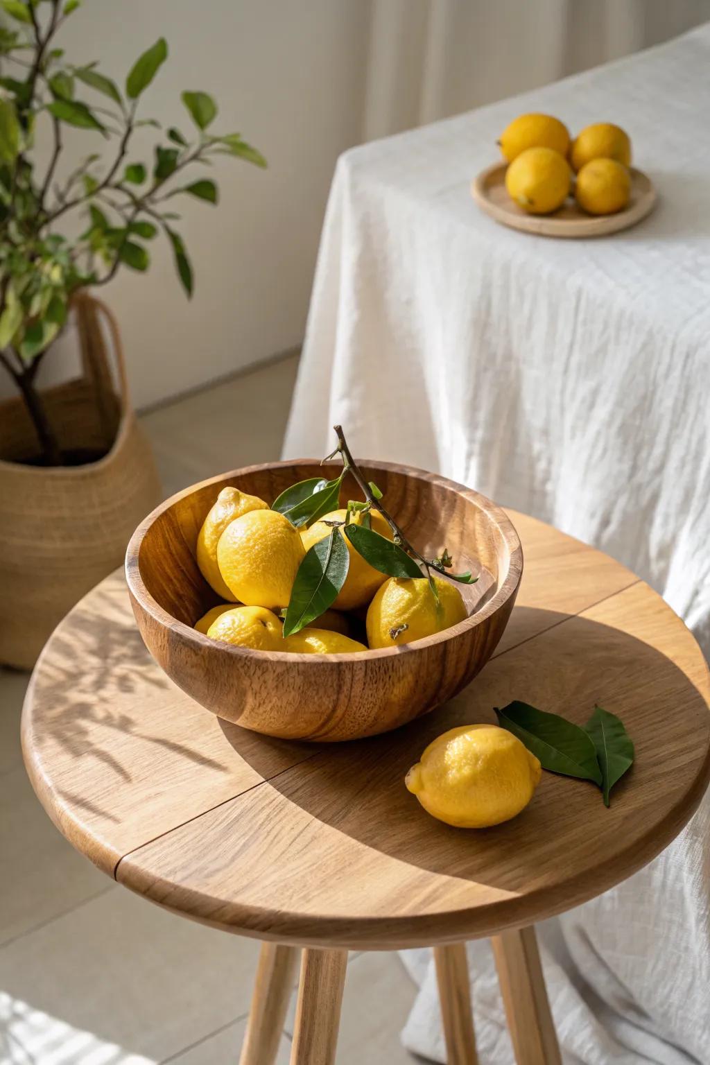 Mini oak bowl of lemons: an instant color pop that feels both decor and snack-ready.
