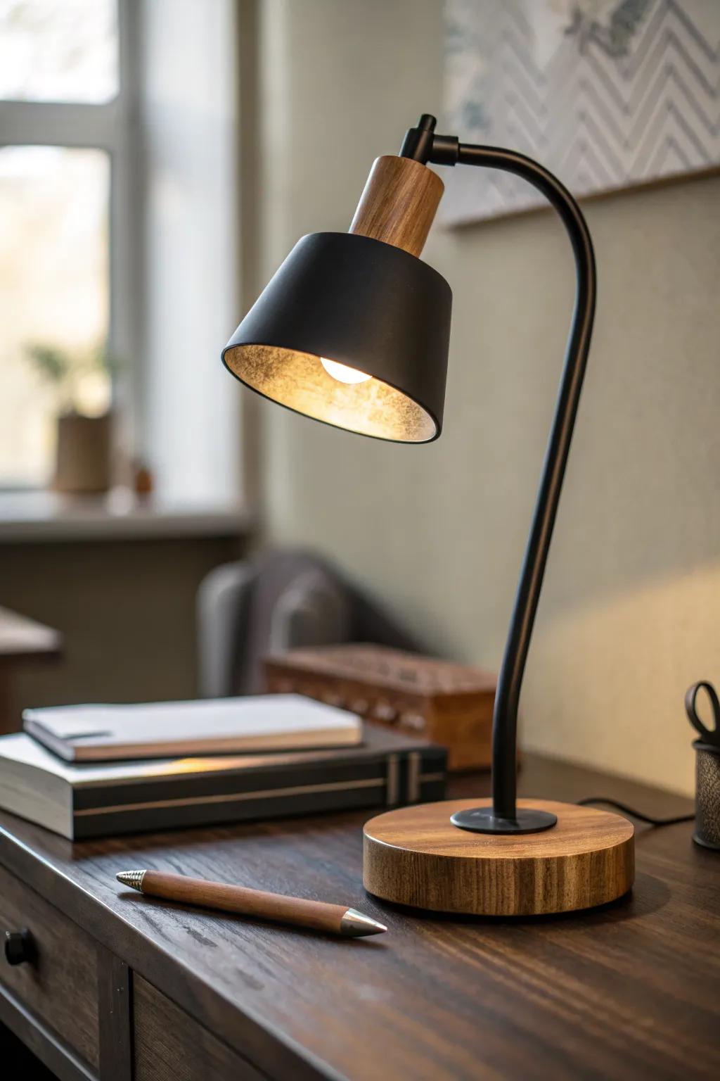 A warm task lamp glow brings depth and cozy contrast to an elegant black desk setup.