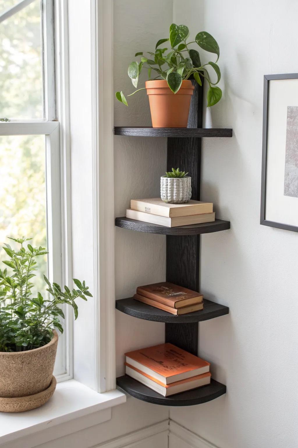 Matte-black corner floating shelf stack—turn unused corners into a chic display moment.