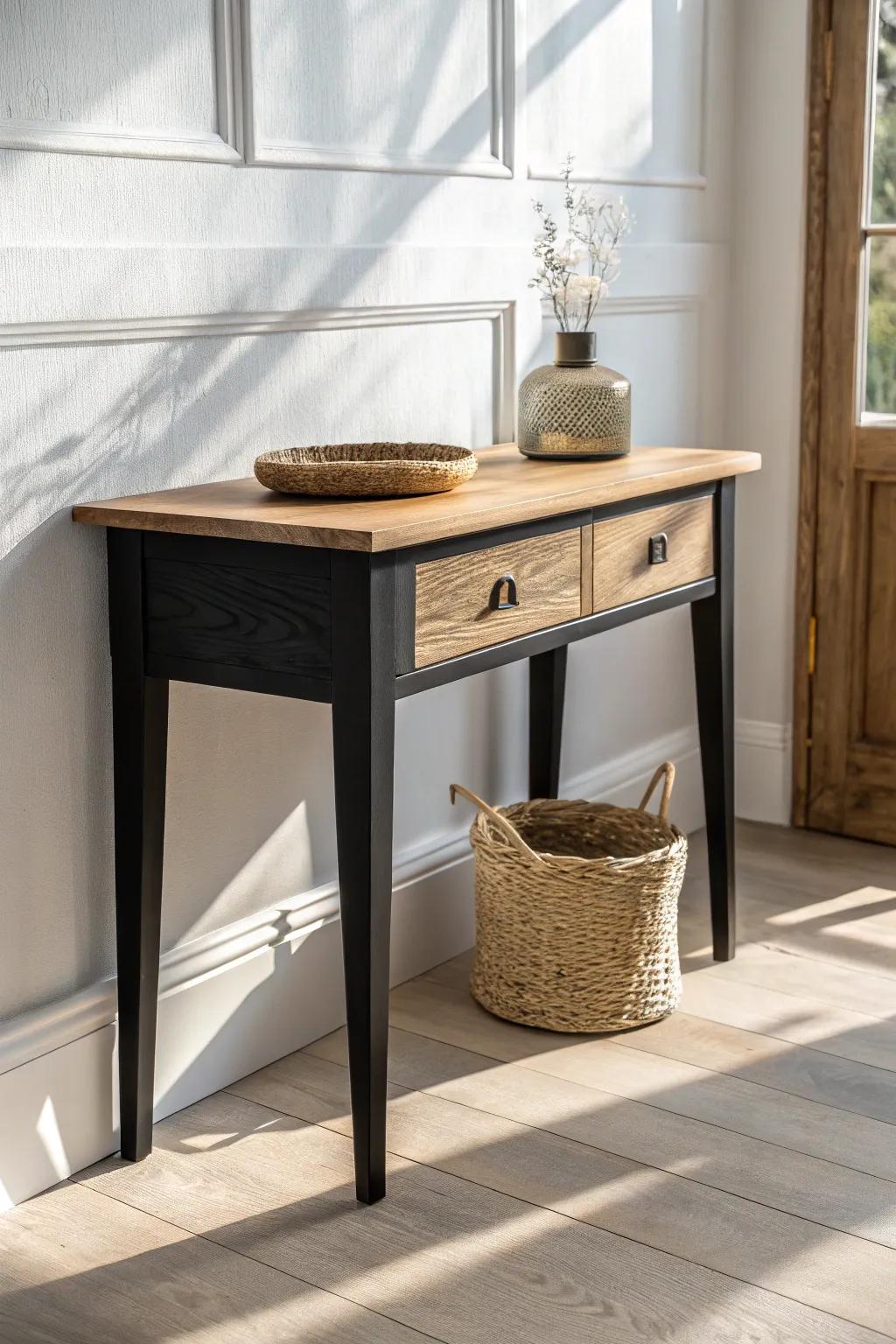 Warm up black furniture with an oak top—modern farmhouse contrast with Scandinavian calm.