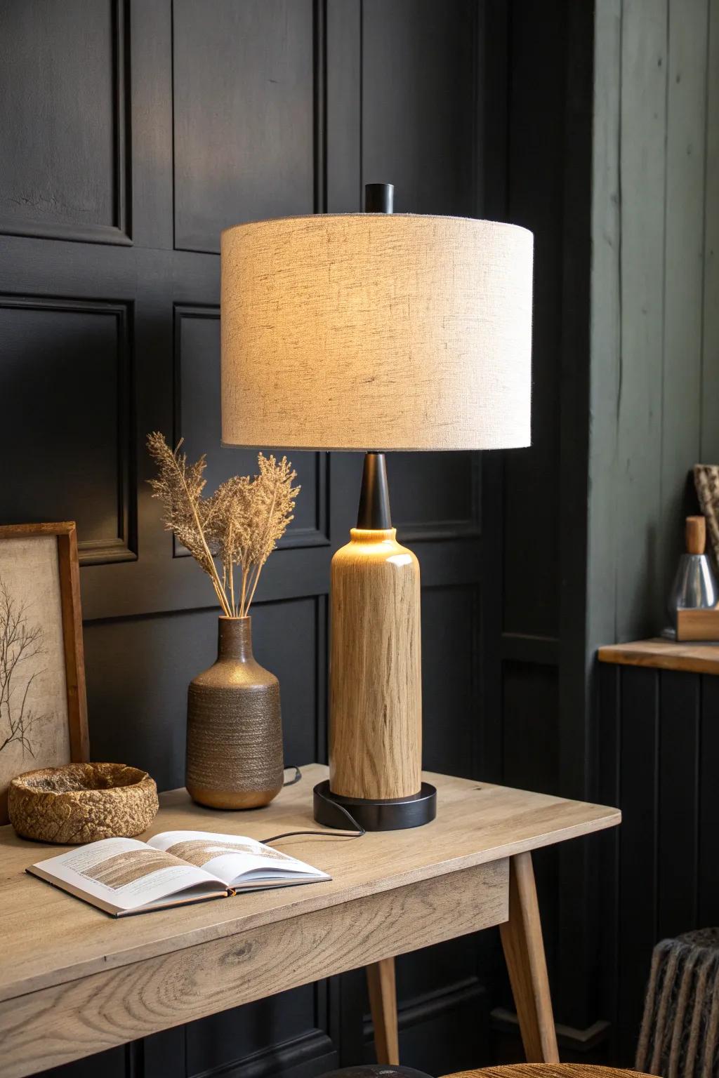Warm layered lighting makes black walls feel cozy—start with one statement lamp.