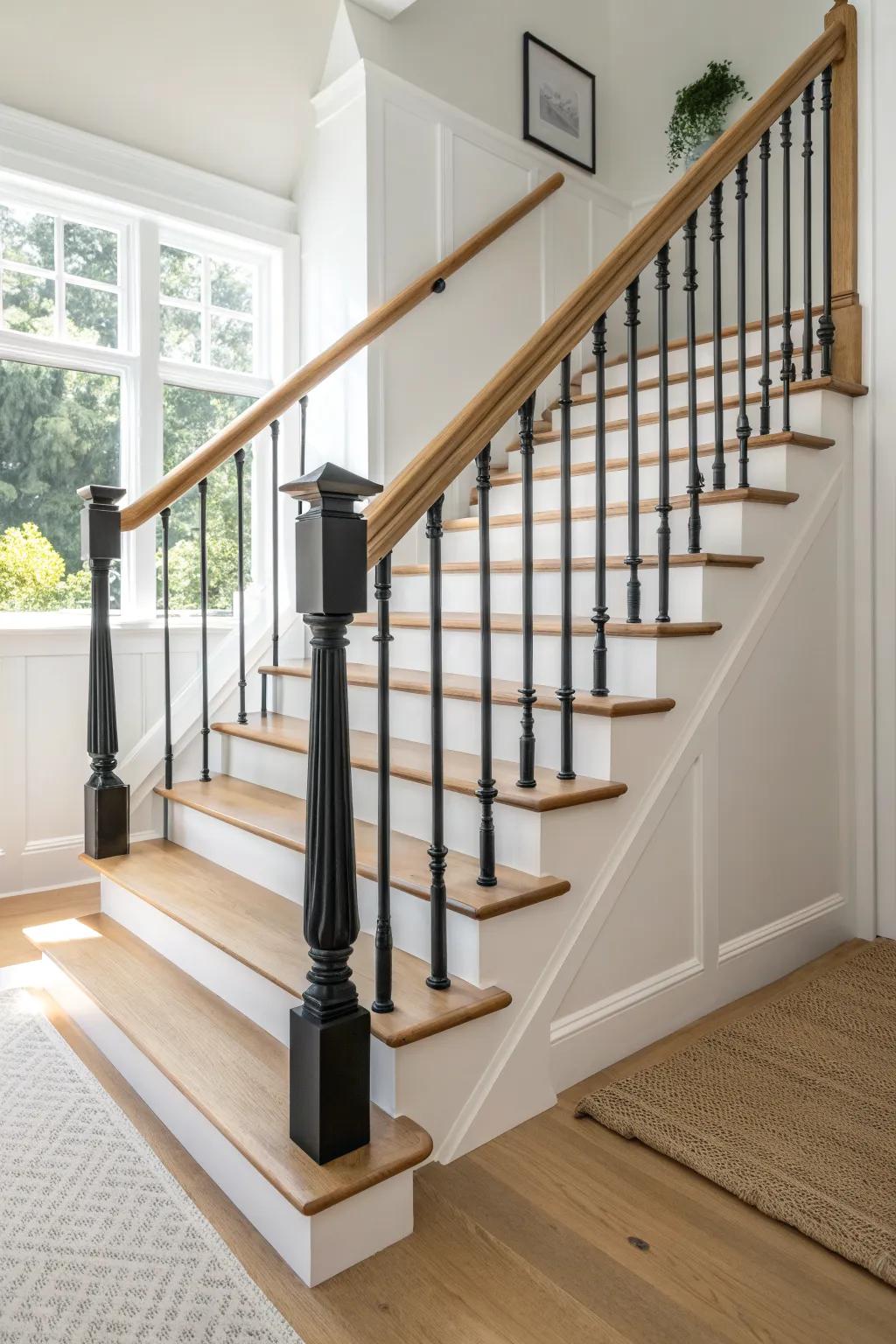 Matte black spindles with a no-shoe base—clean, modern, and beautifully crisp in tight stairs.