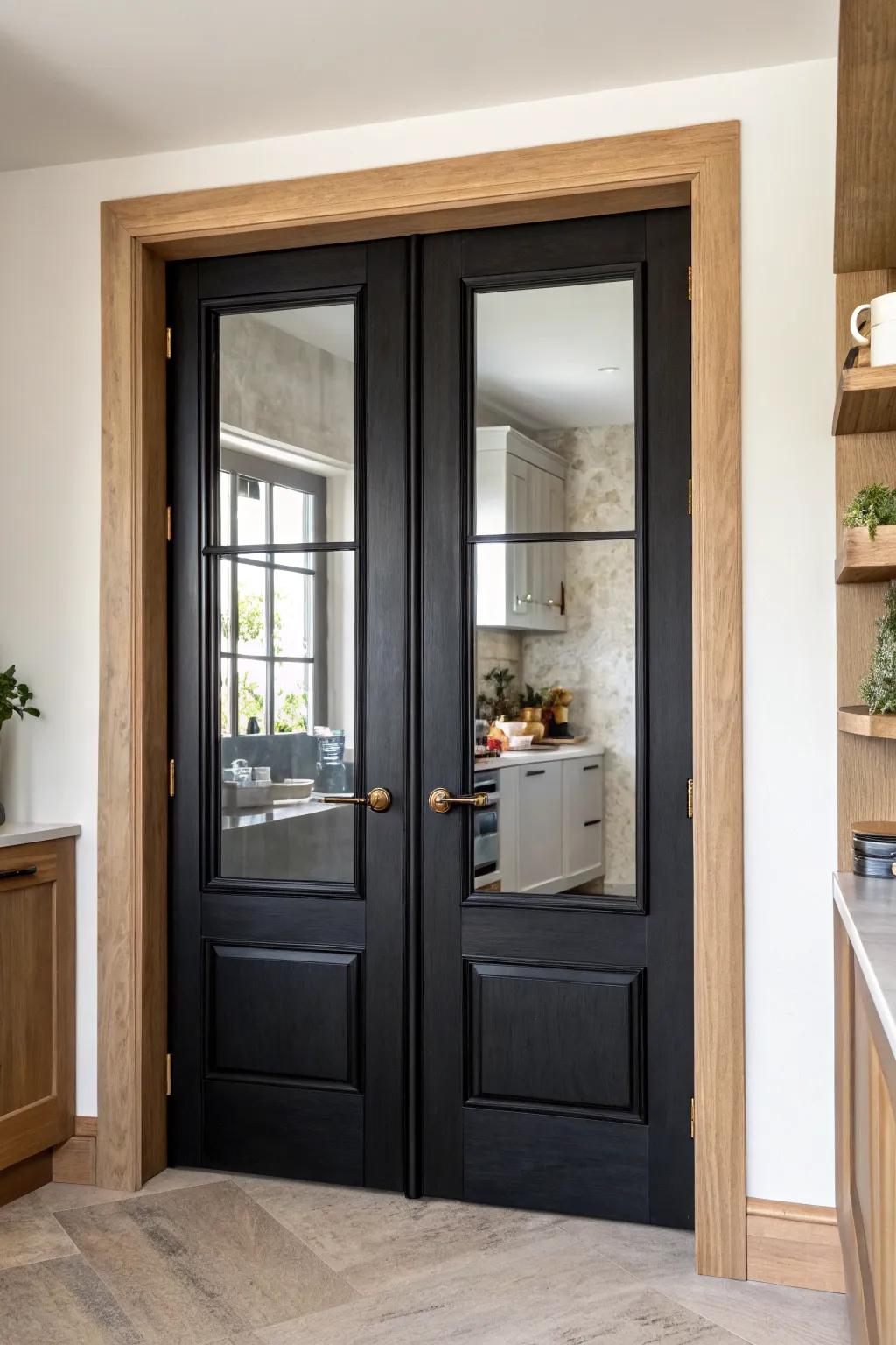 Grand black French pantry doors with simple pulls—minimal, bold, and beautifully crafted.