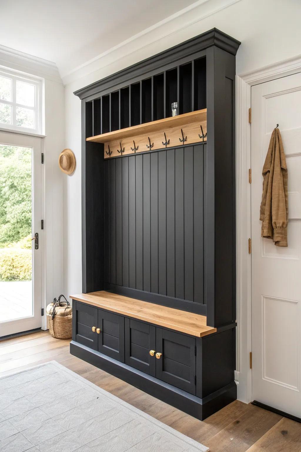Matte-black entryway paneling with an oak peg rail and key ledge—sleek, crafted order.