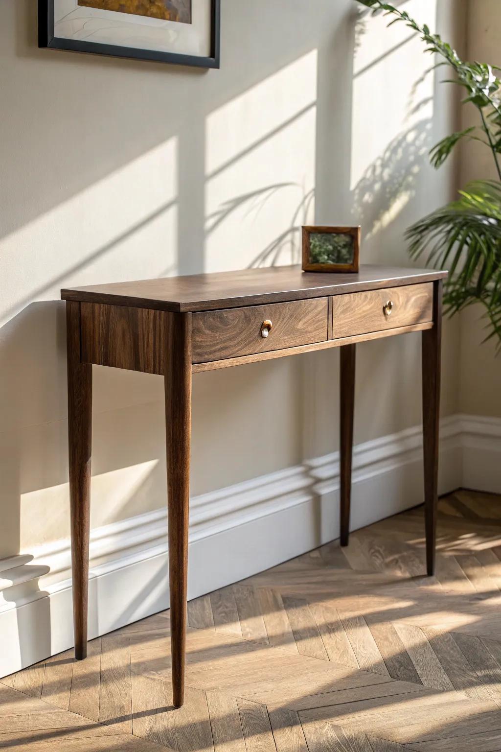 Slim black walnut console table with a tidy drawer—entryway calm, crafted and chic.