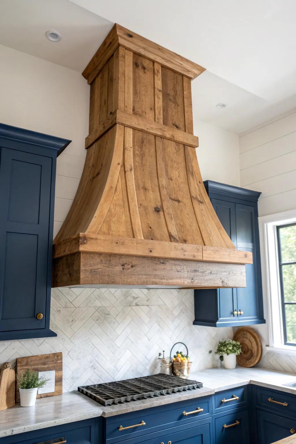 Chunky reclaimed-wood vent hood adds farmhouse warmth against bold blue cabinets.