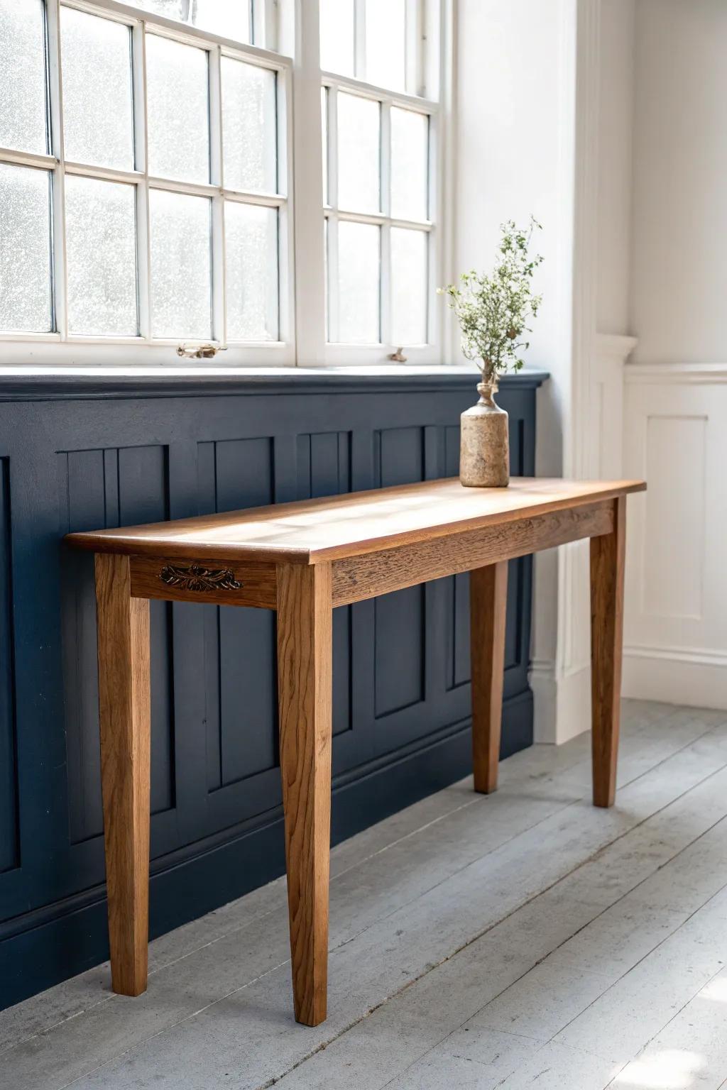 Deep blue wainscoting makes warm reclaimed wood glow—minimal, cozy, and crafted.