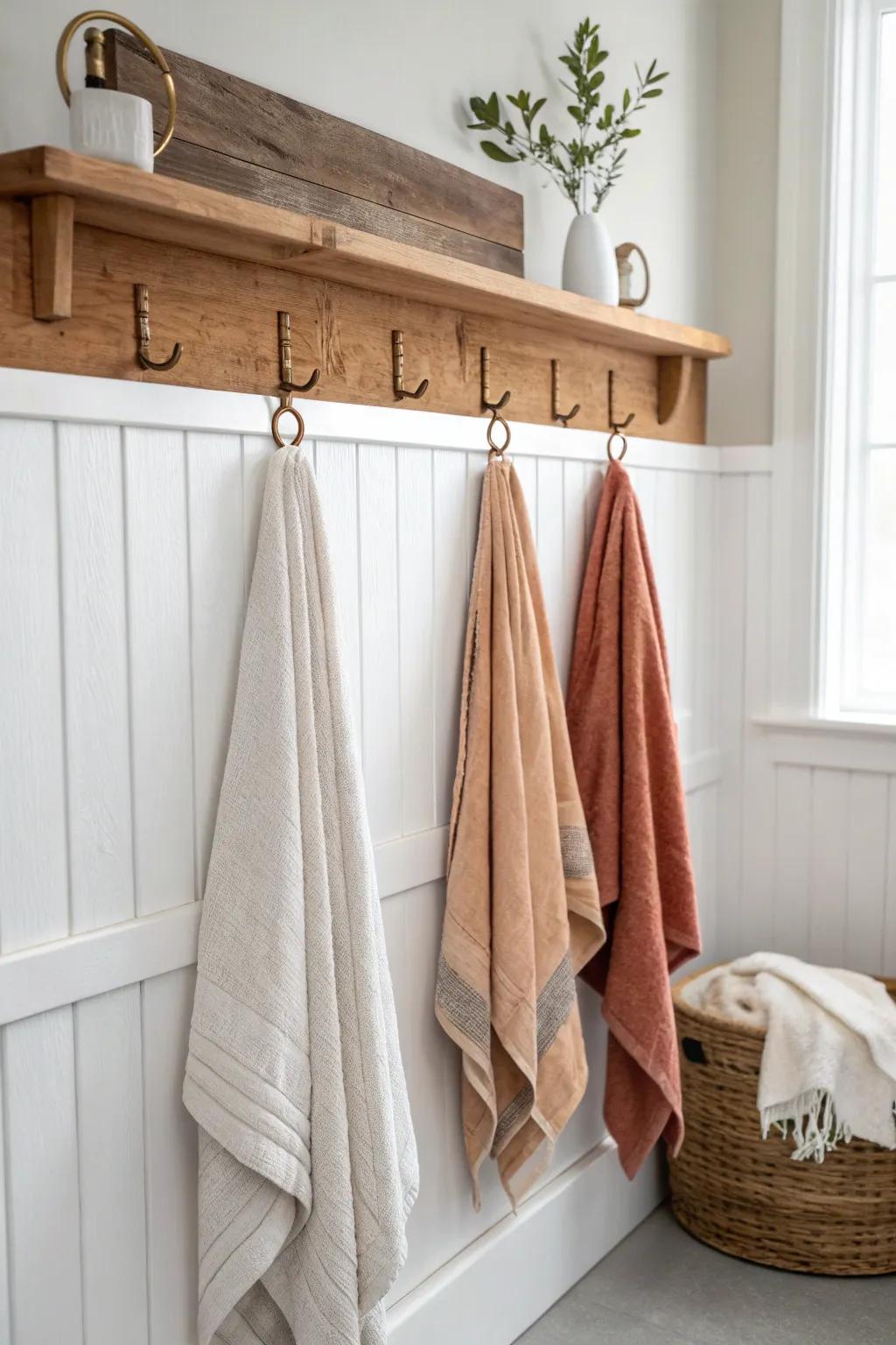 Oak hook rail on board-and-batten: practical towel storage with Scandinavian warmth and contrast.