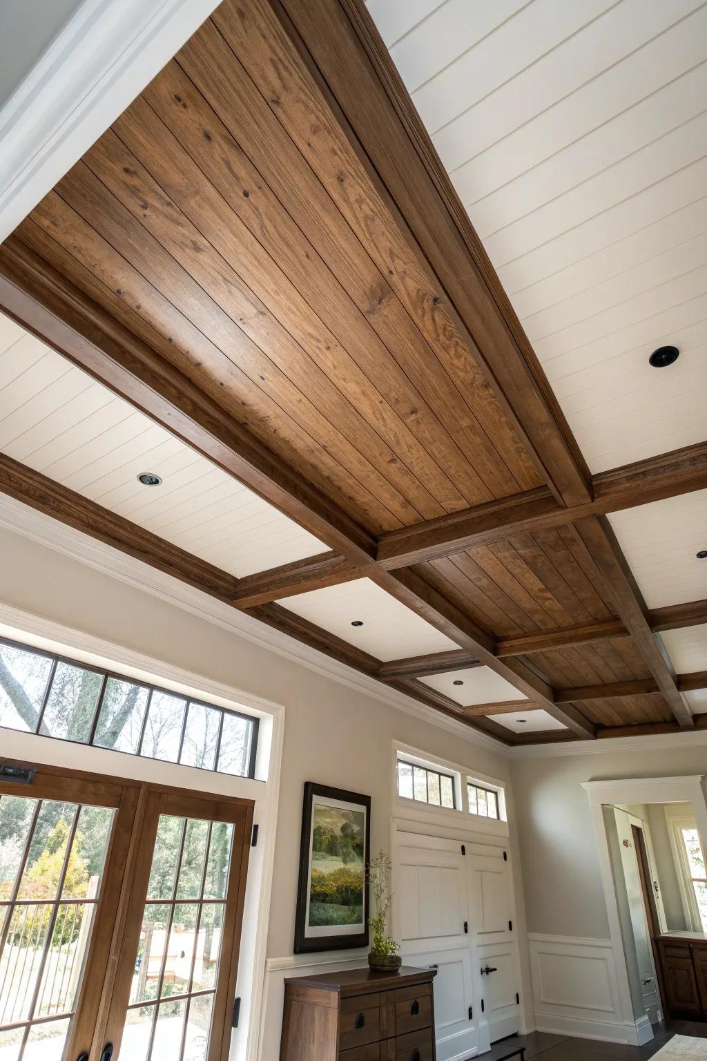 Painted boards + stained battens: crisp white panels with bold walnut lines for modern warmth.