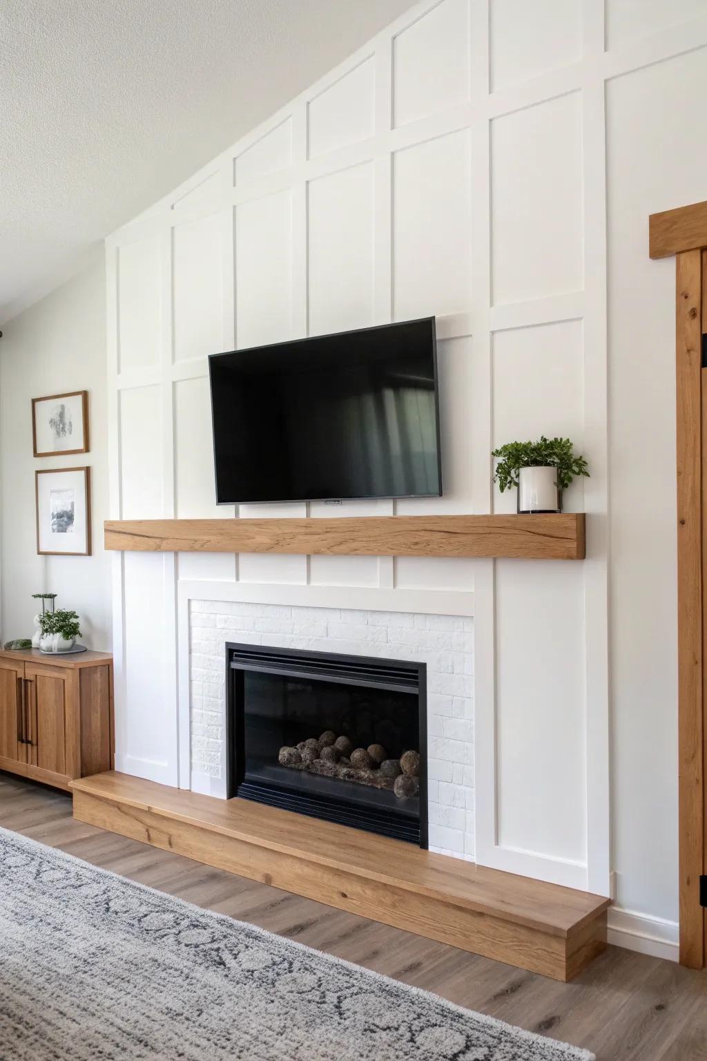 Wider battens behind the TV keep this board-and-batten fireplace wall calm and polished.