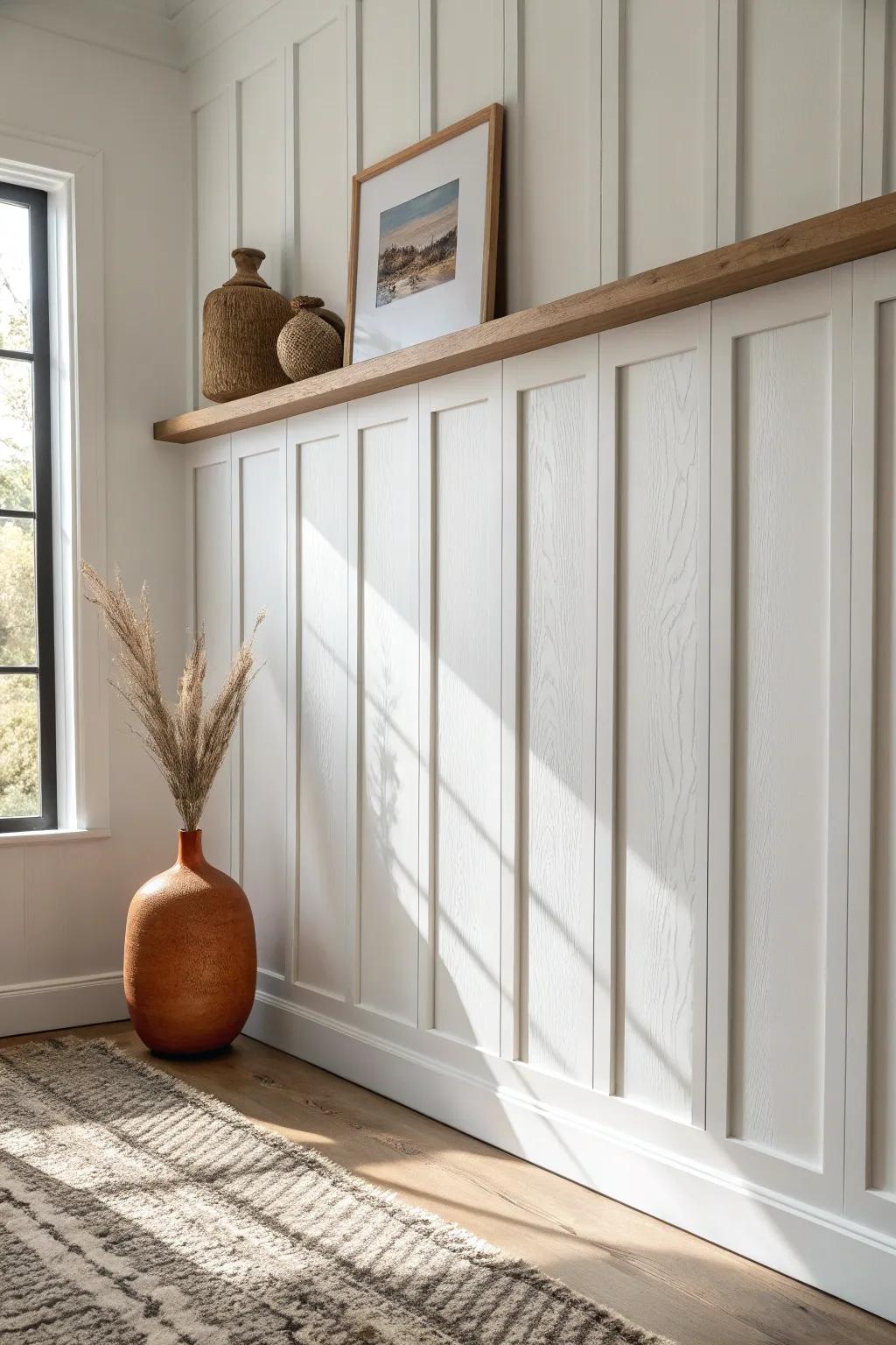 Warm white board-and-batten with an oak ledge—simple texture for an easy boho accent wall.