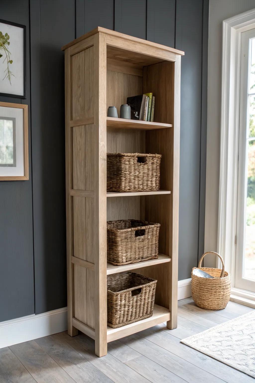 Minimalist oak shelf with oversized woven bottom baskets—beautiful boho storage that hides clutter.