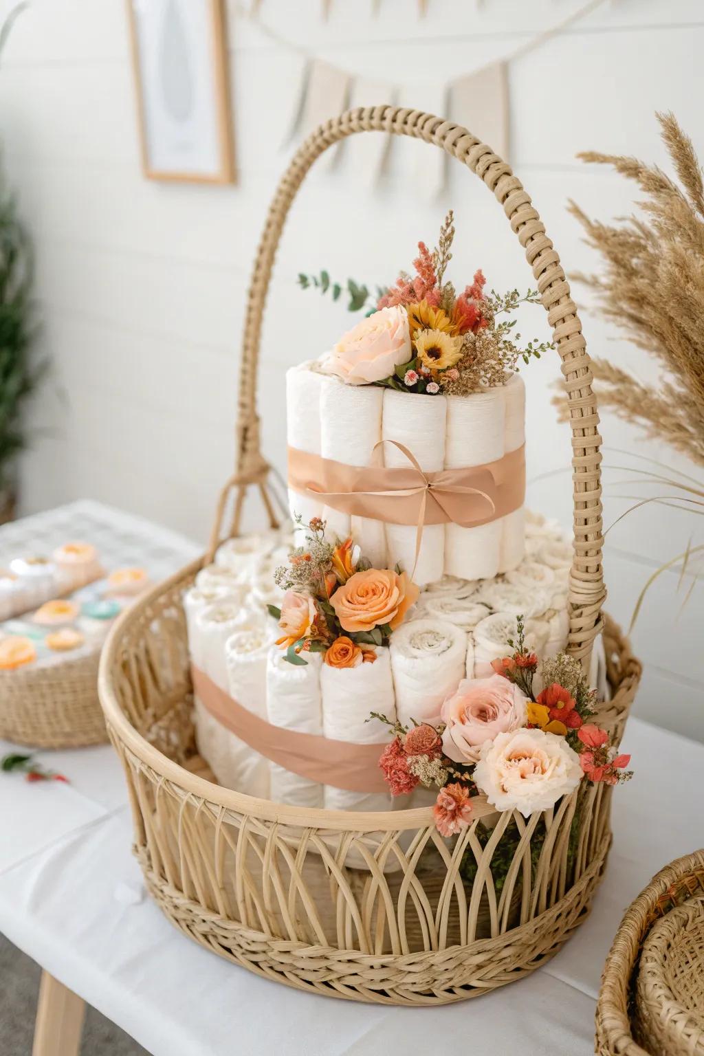 Transform your diaper cake into a boho masterpiece with a charming woven basket base.