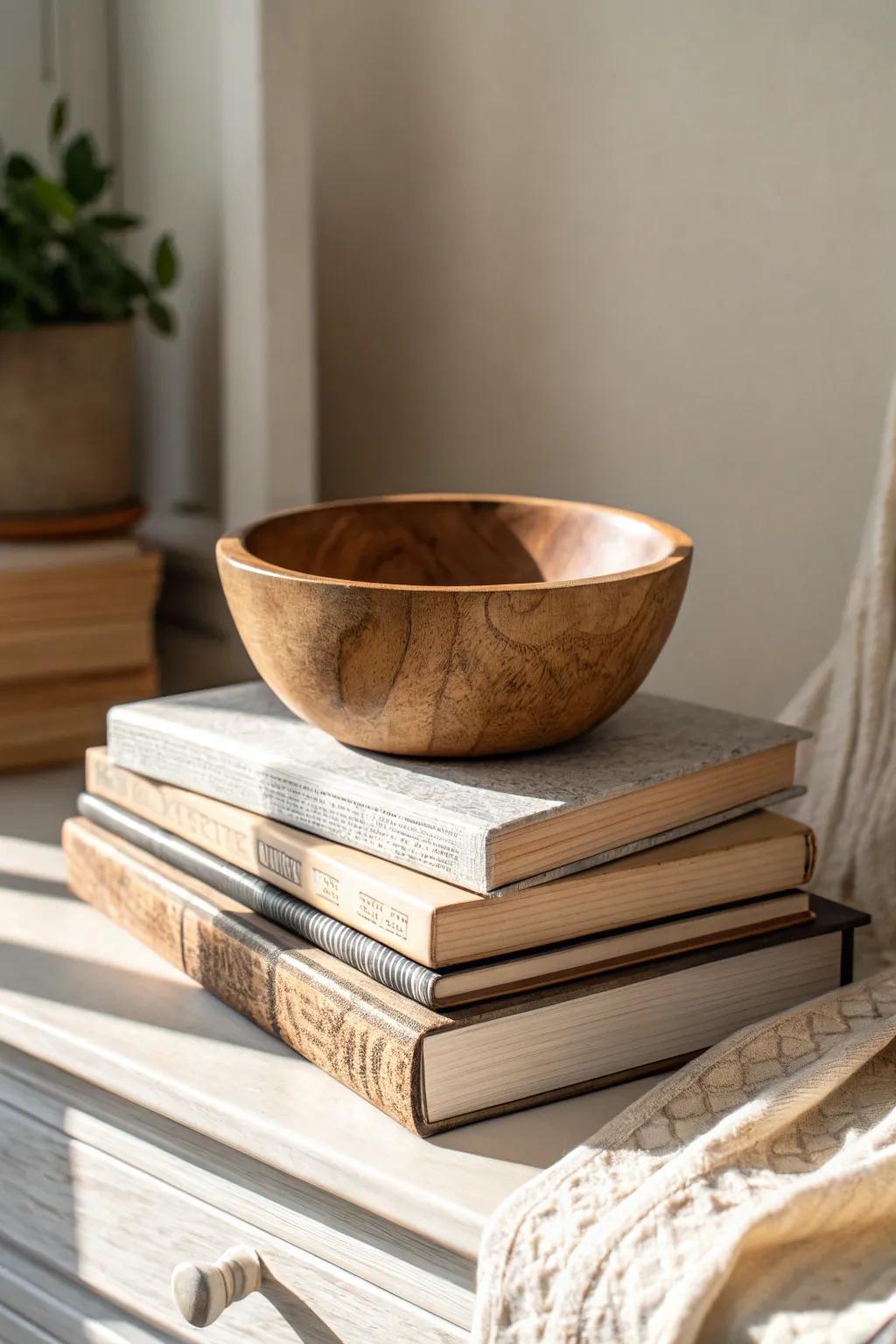 Stacked books topped with a carved wooden bowl—easy boho height and warmth for your mantel.
