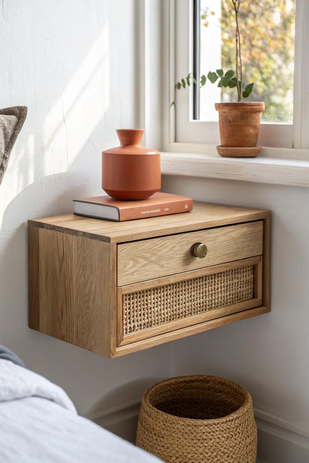 Floating oak nightstand shelf with a tiny drawer—minimal boho style and an airy hover effect.