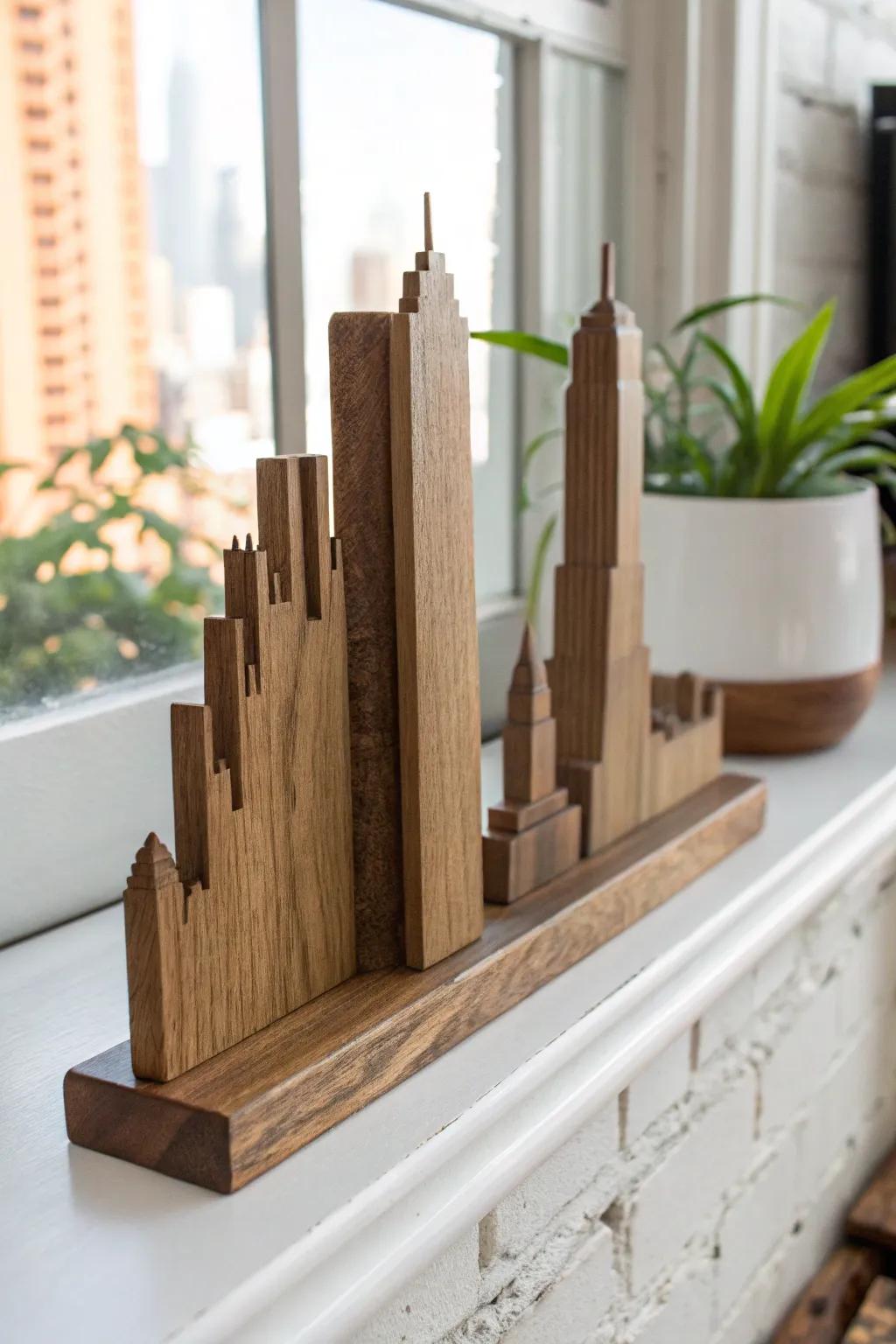 Scrapwood “skyline” bookends—one stain, bold shadows, and handcrafted city vibes.