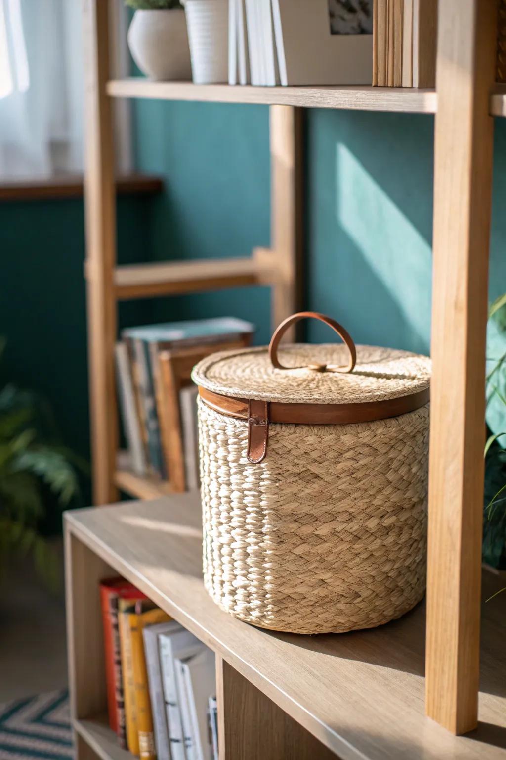 One woven basket on the shelf: instant calm, hidden clutter, and warm Scandinavian style.