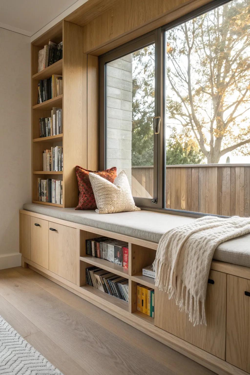 Built-in window bench with cubby bookshelves—Scandi calm with a bold boho accent.