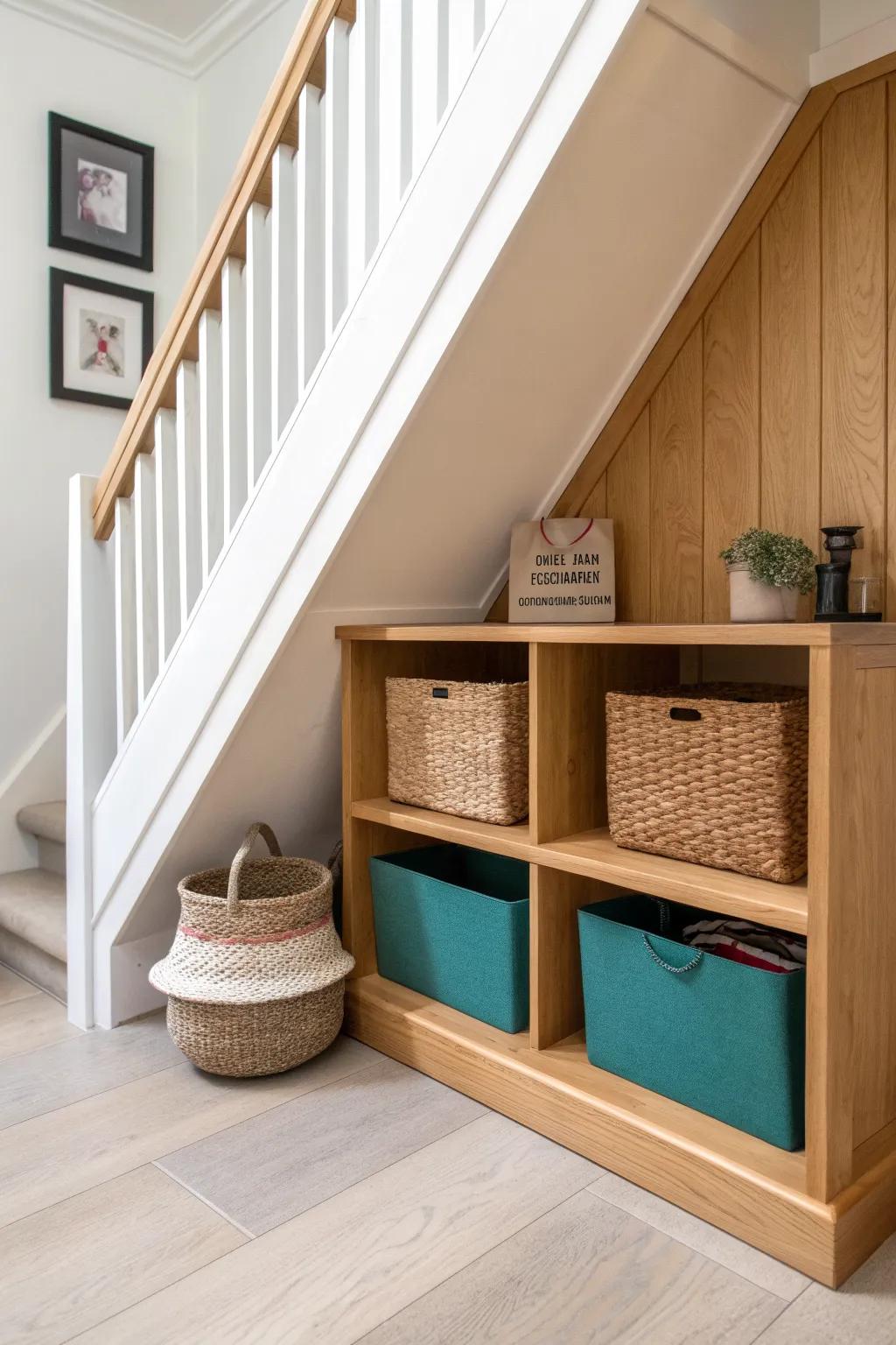 Under-stair cubbies with reclaimed-wood face frame—pretty storage that makes dead space useful.