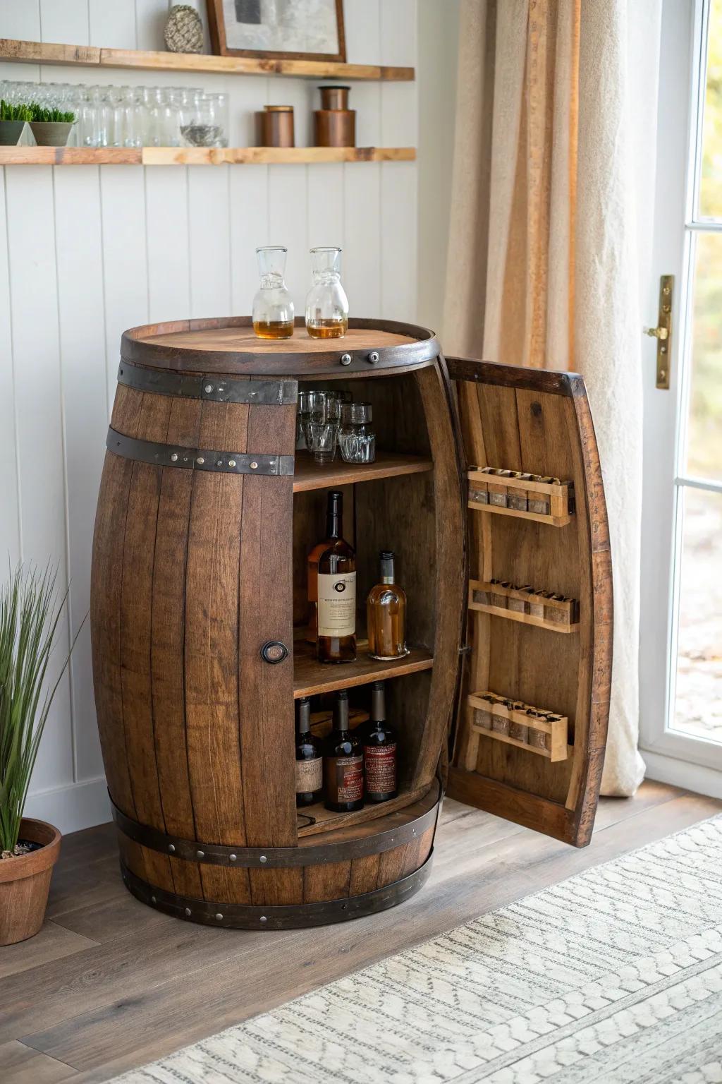 A decor-worthy barrel—until the hidden doors swing open to reveal a secret bourbon bar.