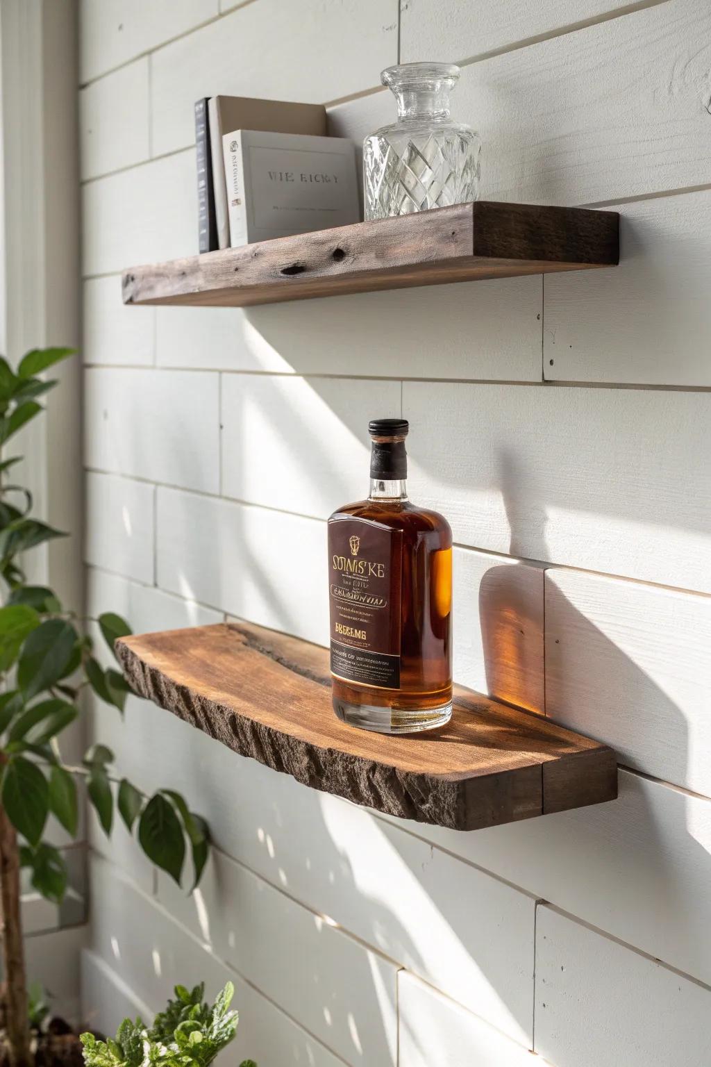 Matte live-edge bourbon shelf—clean Scandinavian lines with warm grain and amber glow.