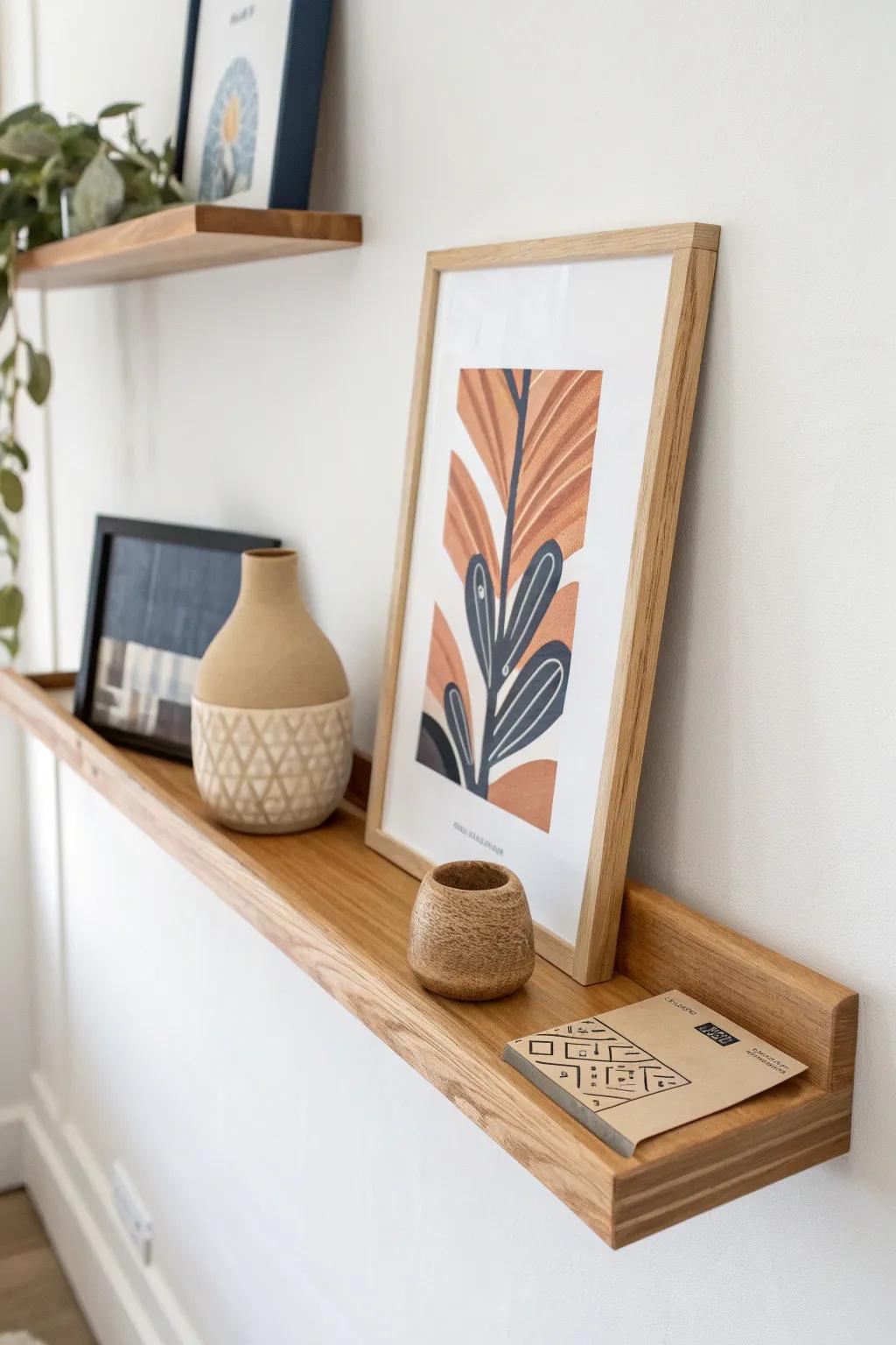 A simple oak picture ledge turns layered art and small finds into a boutique-worthy vignette.