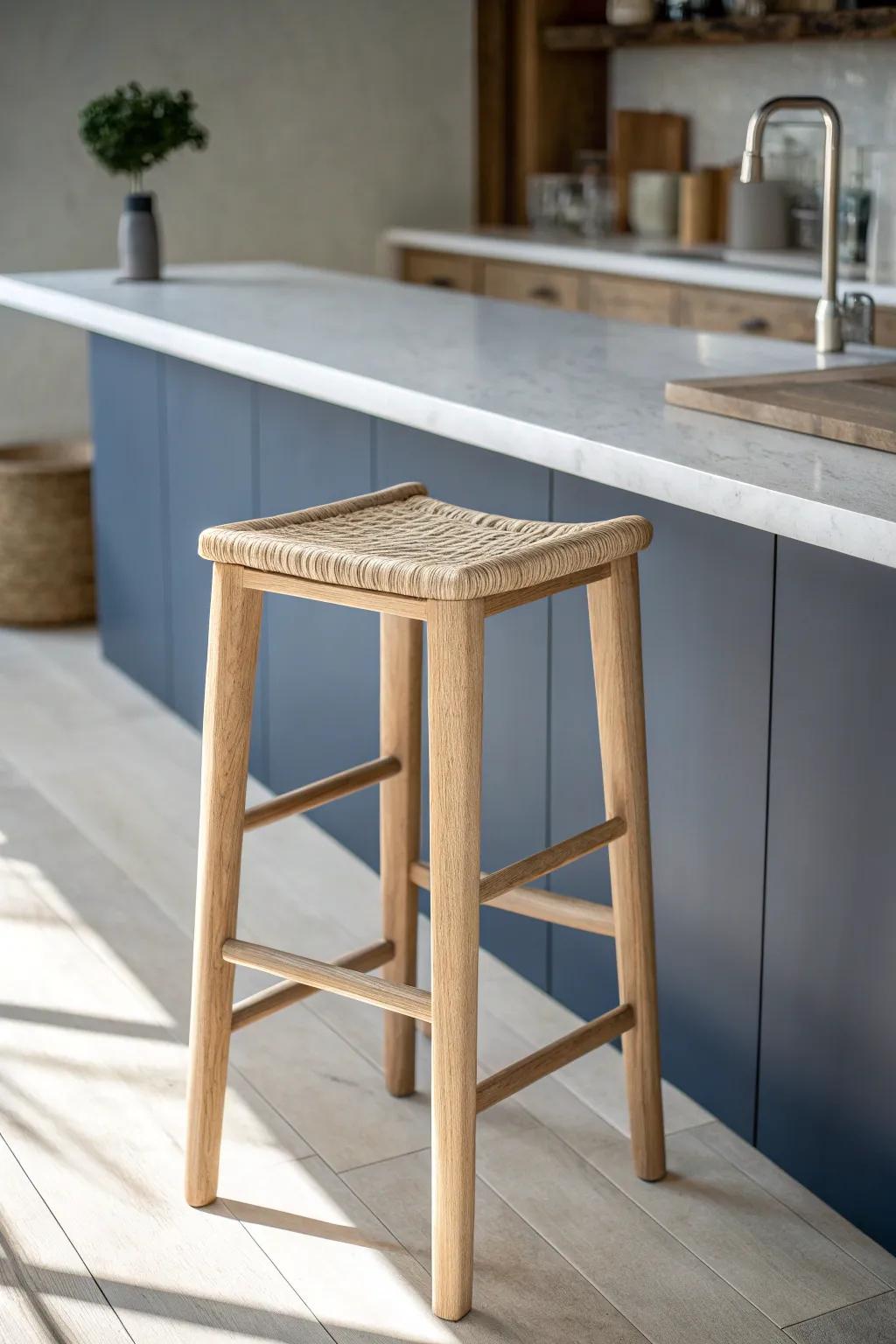 A handcrafted oak counter stool with cane seat turns the kitchenette bar into a chic break spot.